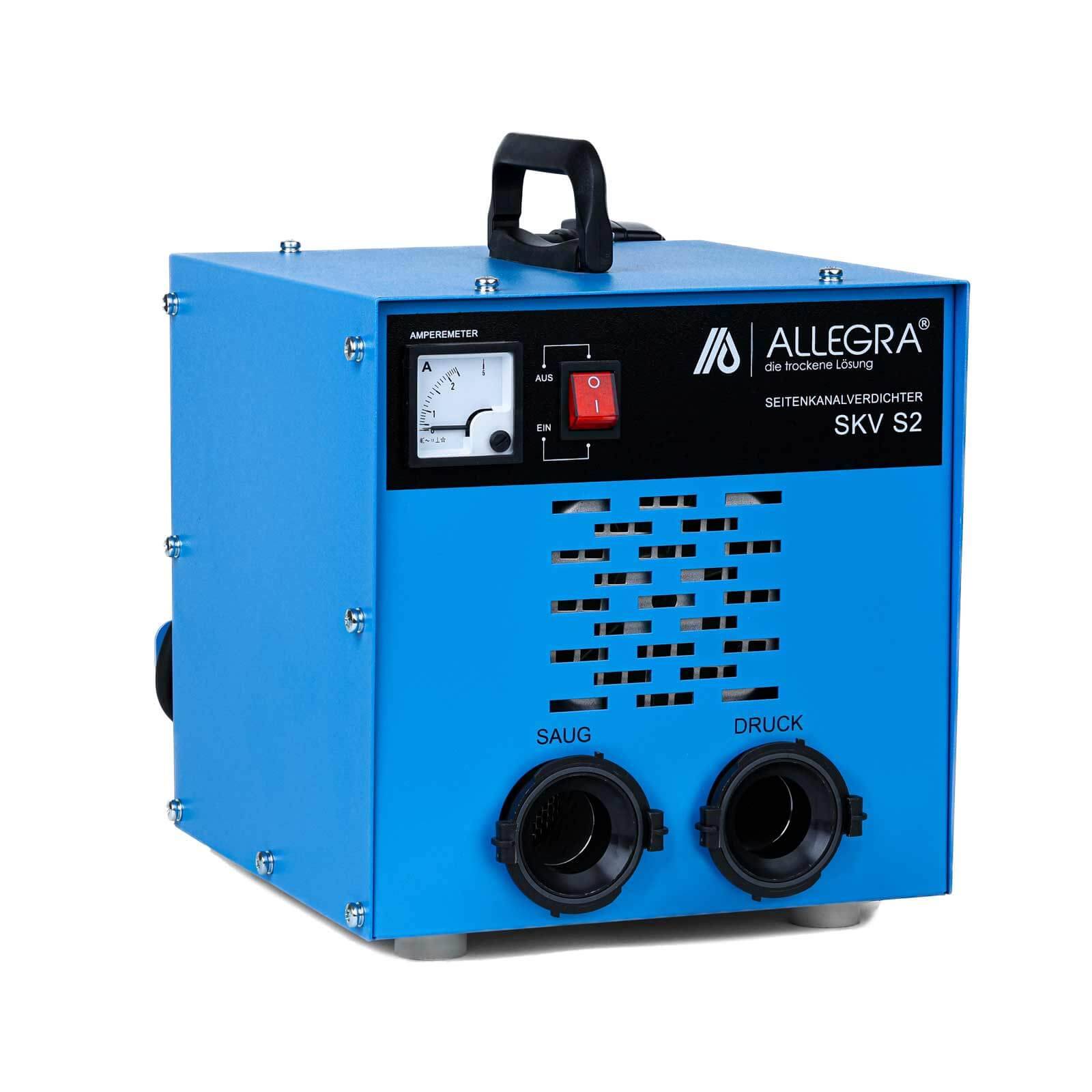 Blaue ALLEGRA SKV S2 Vakuumextraktionseinheit mit Griff, Stromschalter, Messgerät und zwei vorderen Schlauchanschlüssen mit den Bezeichnungen 'SAUG' und 'DRUCK