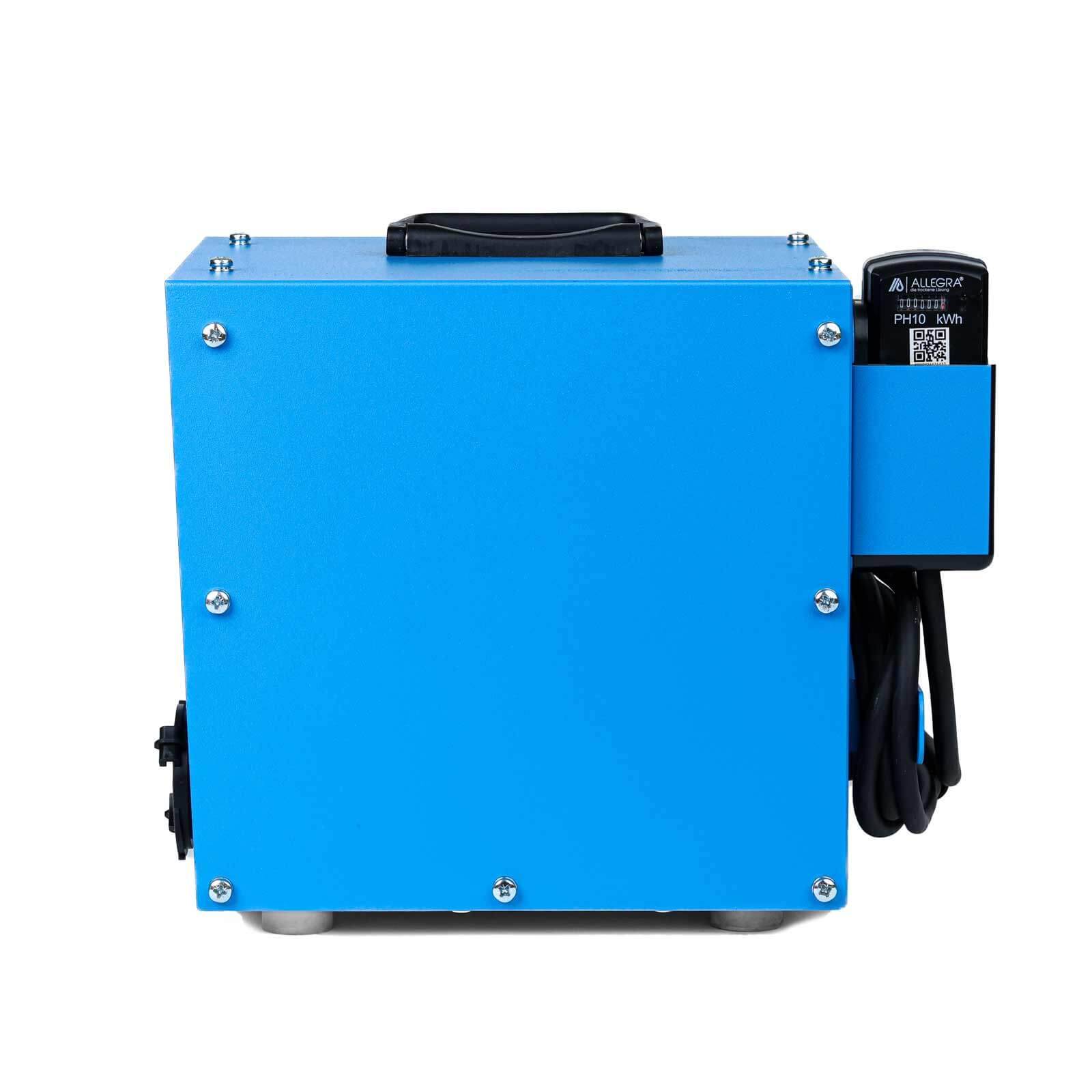 Blaue tragbare Batterie oder Stromversorgungseinheit mit Griff und angebrachtem Seitenmessgerät, dargestellt auf weißem Hintergrund.