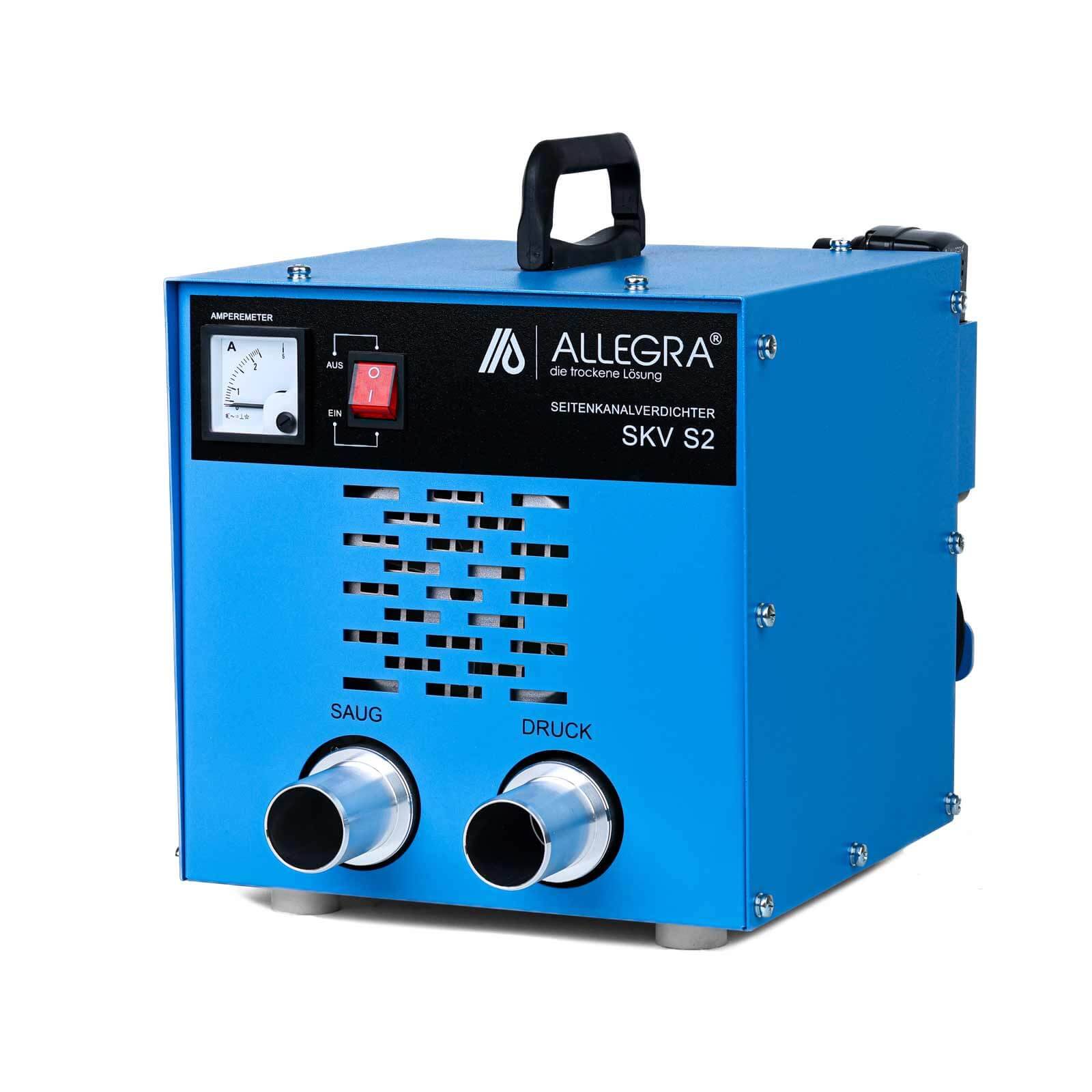 Blauer ALLEGRA SKV S2 Industrie-Vakuum-/Druckgerät mit Griff, Manometer, Stromschalter und zwei vorderen Anschlüssen mit den Beschriftungen 