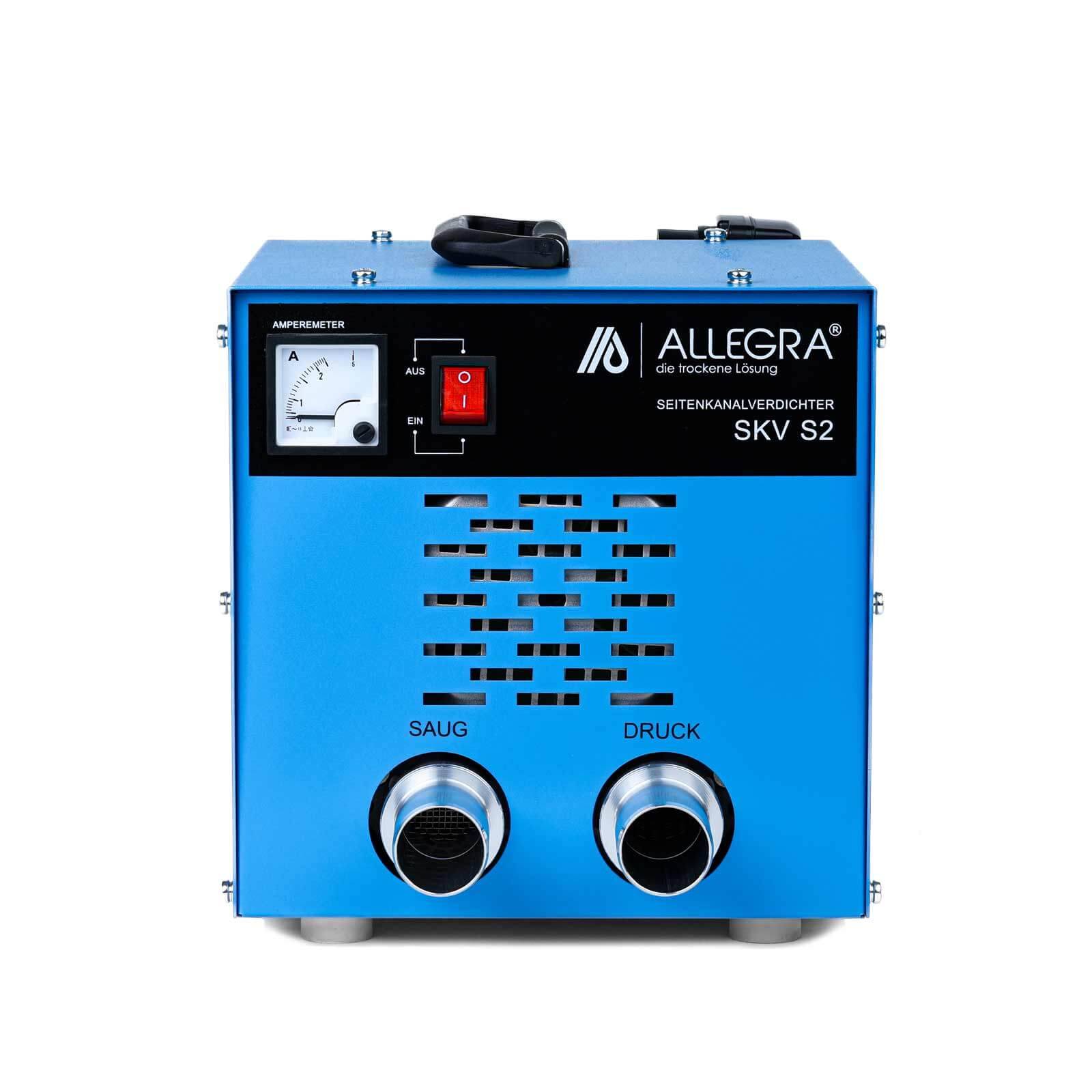 Blaue ALLEGRA Seitenkanal-Vakuumpumpe mit Manometer, Schalter und zwei Schlauchanschlüssen mit den Beschriftungen 