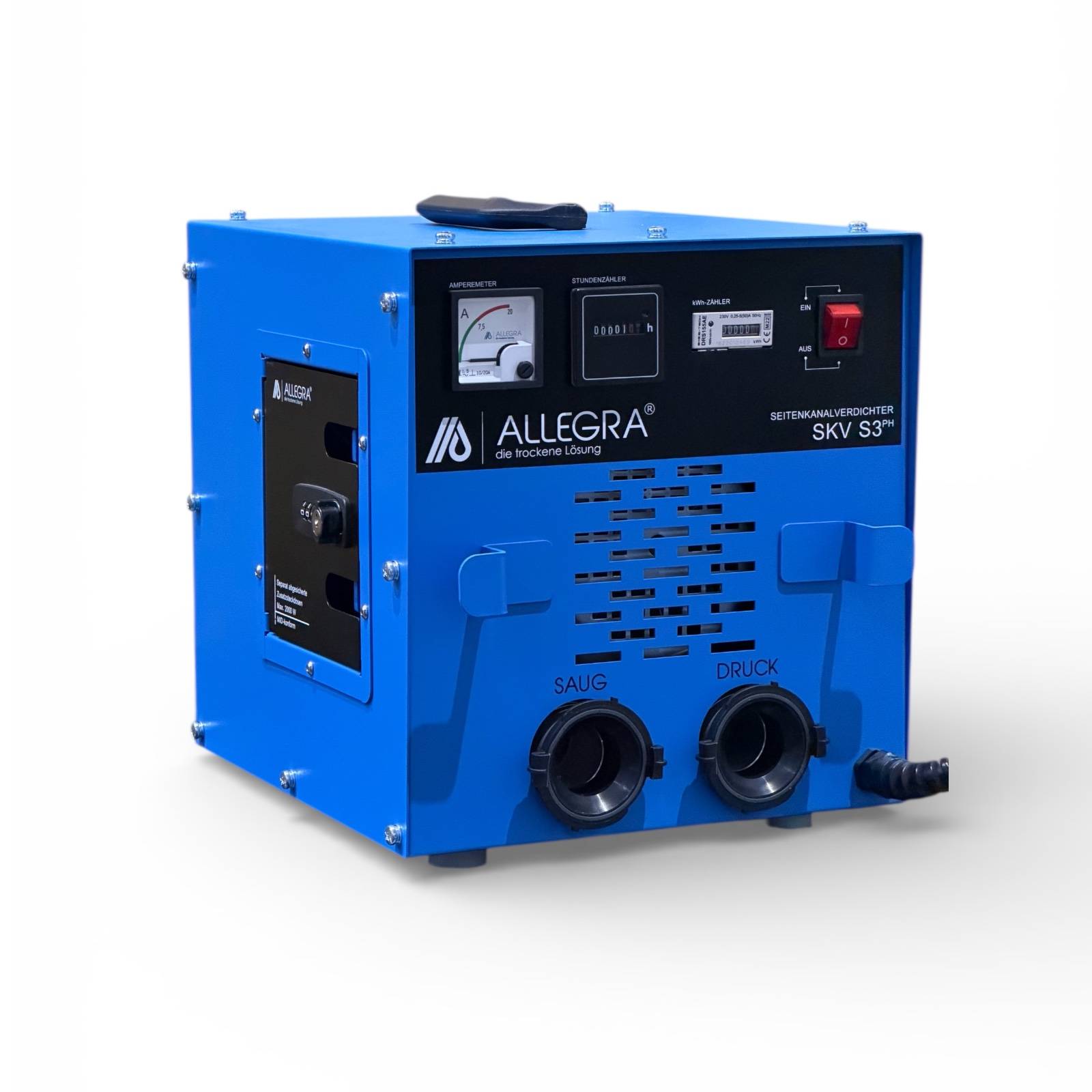 Allegra SKV S3' blaue Ausrüstung mit Kontrollmessgeräten und zwei beschrifteten Anschlüssen an der Frontseite, verwendet für Extraktions- und Filtrationsaufgaben.