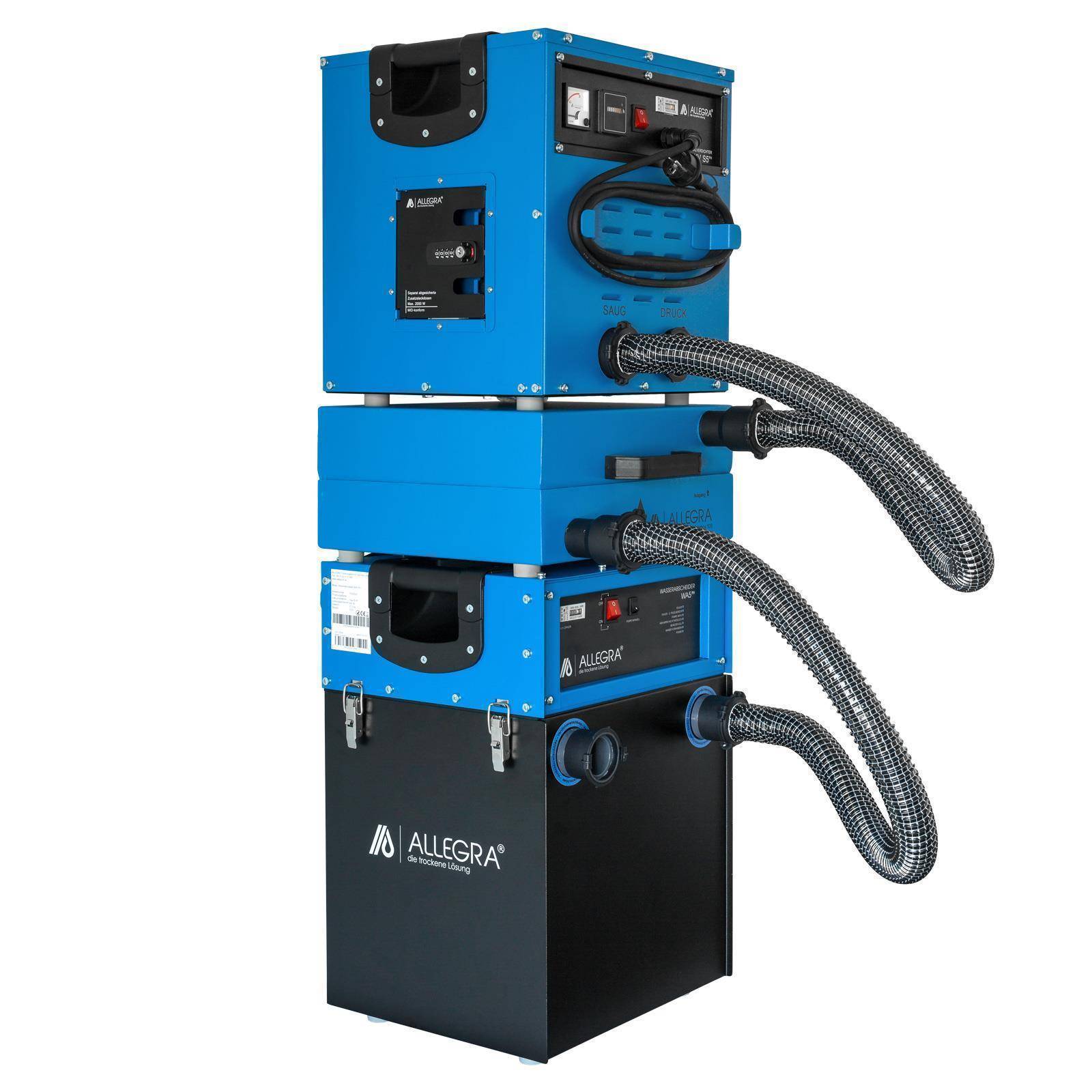 ALLEGRA'-markierte blaue und schwarze Luftfiltrationssystem mit Schläuchen und Kontrollpanels, für industrielle Anwendungen konzipiert.