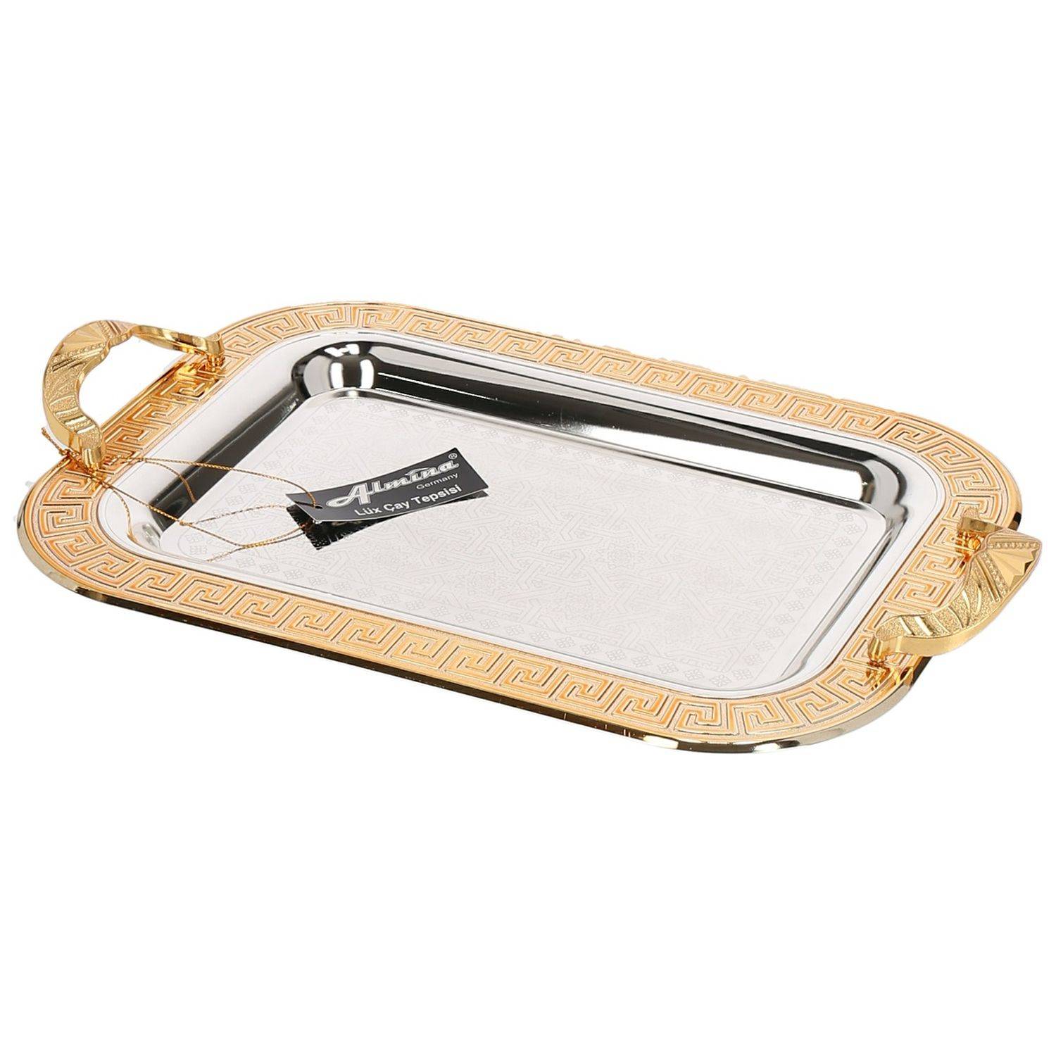 2-Teilig Silber Metallbrett Servierttablett aus Edelstahl 18/10 Stahl Motiv 1 Gold
