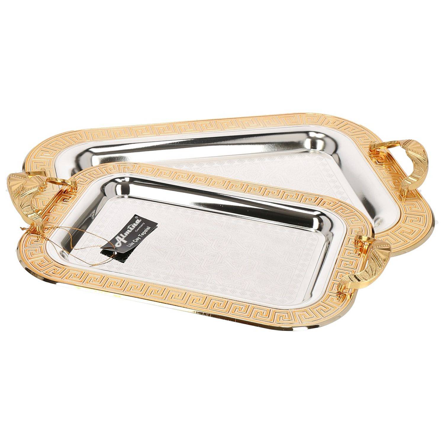 2-Teilig Silber Metallbrett Servierttablett aus Edelstahl 18/10 Stahl Motiv 1 Gold