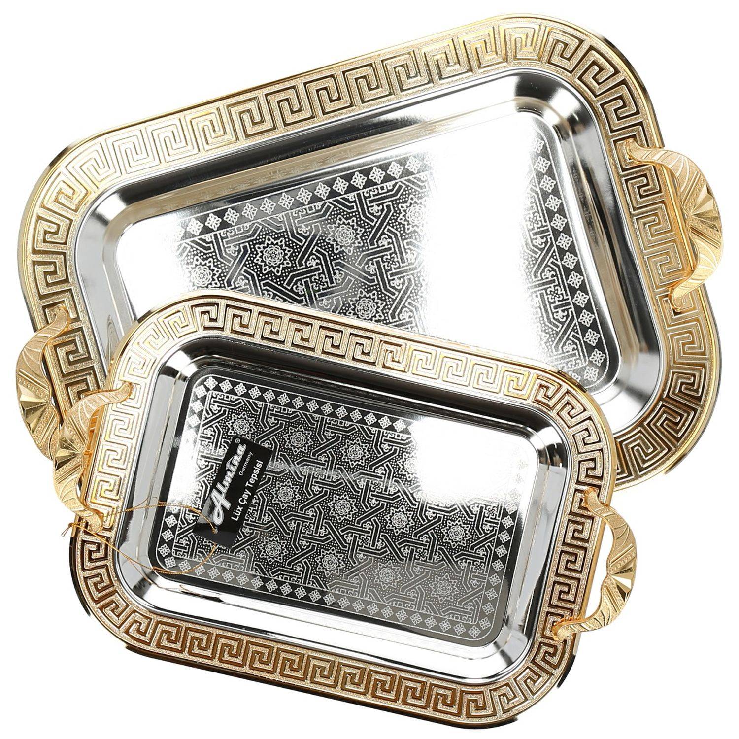 2-Teilig Silber Metallbrett Servierttablett aus Edelstahl 18/10 Stahl Motiv 1 Gold