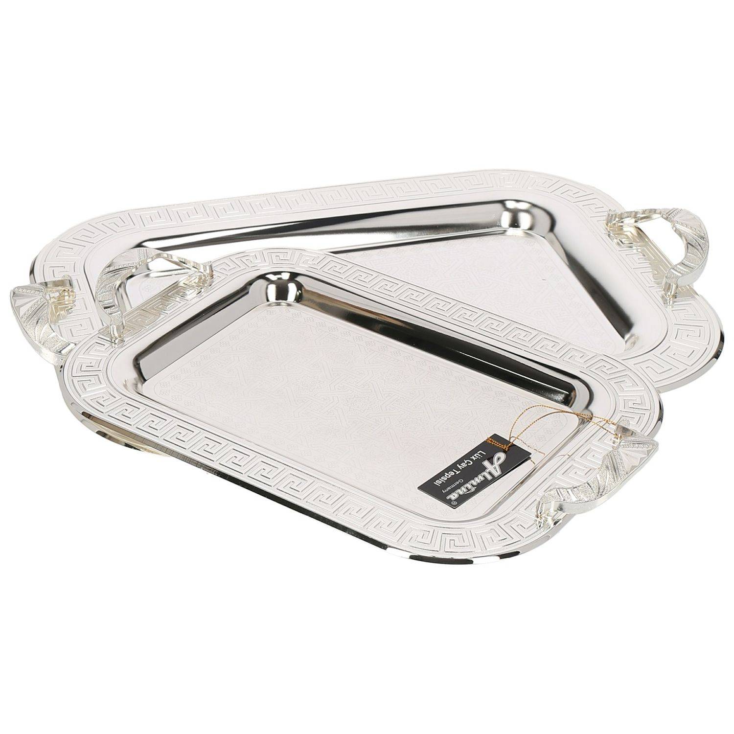 Almina 2-Teilig Silber Metallbrett Servierttablett aus Edelstahl 18/10 Stahl Motiv 1 Silber