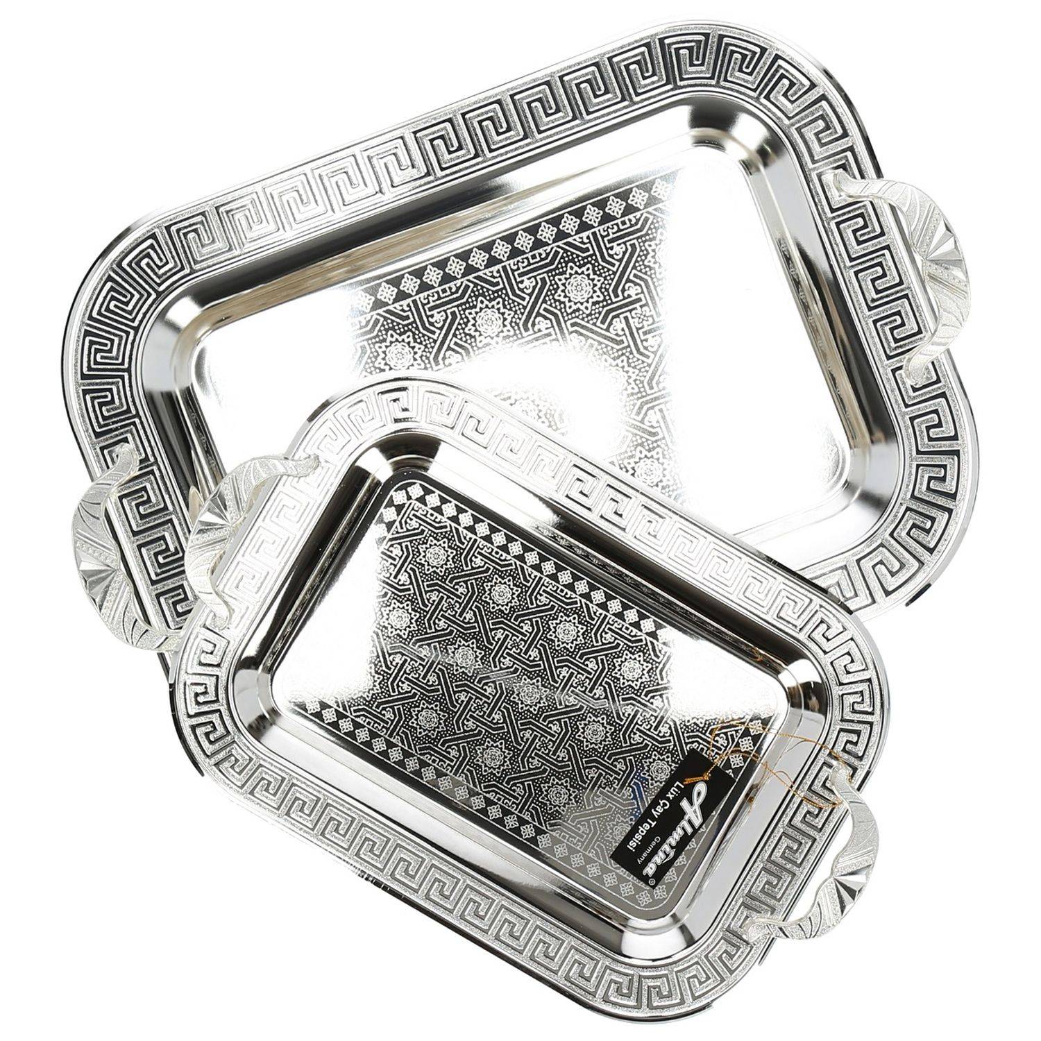 Almina 2-Teilig Silber Metallbrett Servierttablett aus Edelstahl 18/10 Stahl Motiv 1 Silber