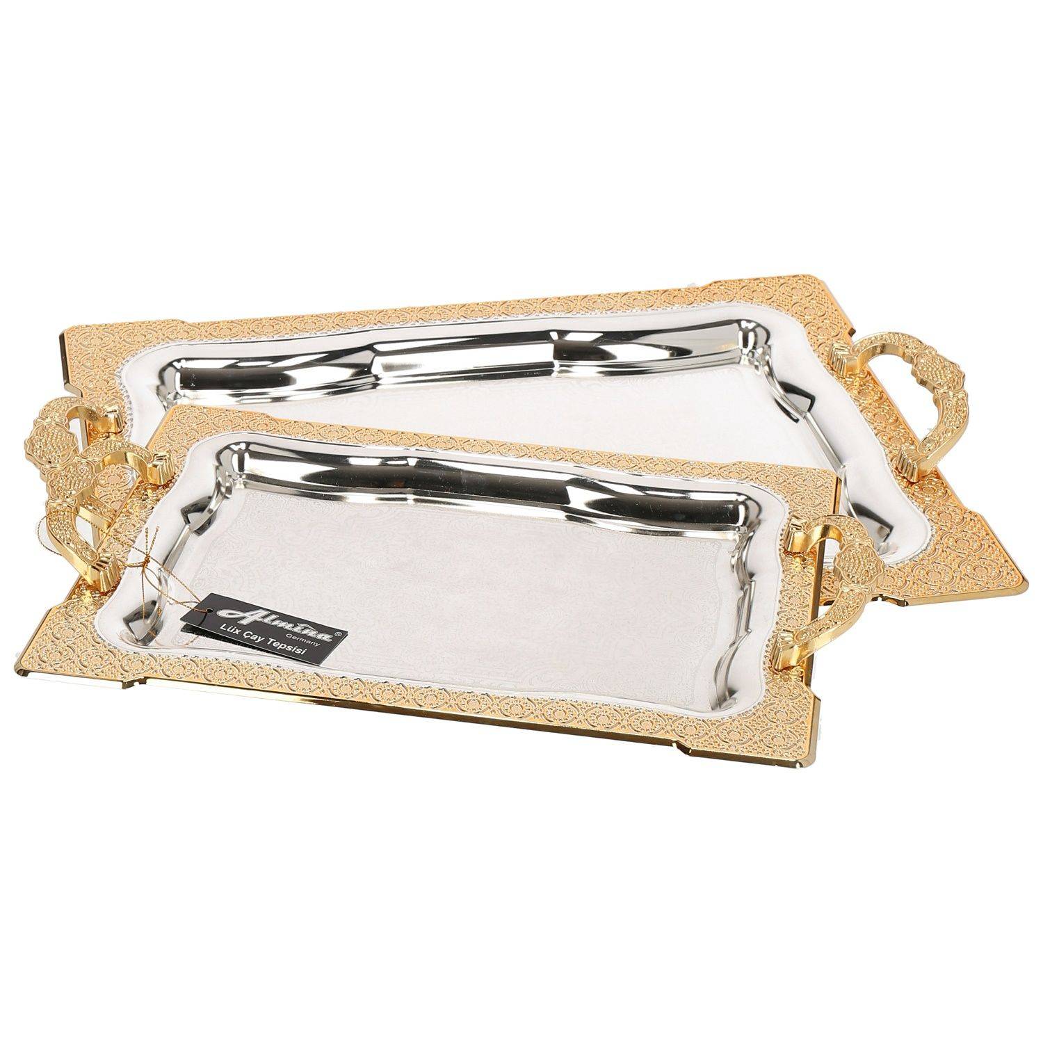 Almina 2-Teilig Silber Metallbrett Servierttablett aus Edelstahl 18/10 Stahl Motiv 5 Gold