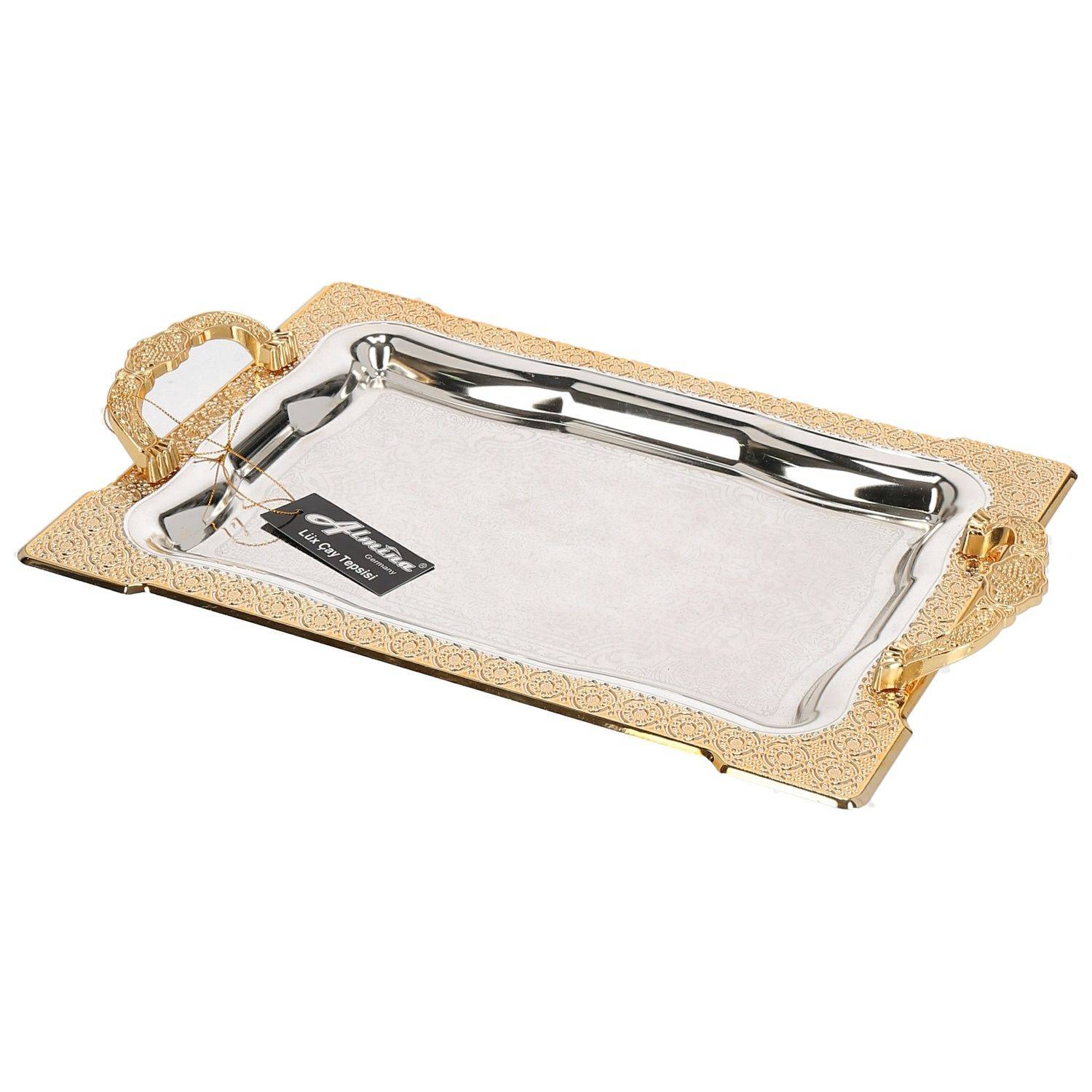 Almina 2-Teilig Silber Metallbrett Servierttablett aus Edelstahl 18/10 Stahl Motiv 5 Gold