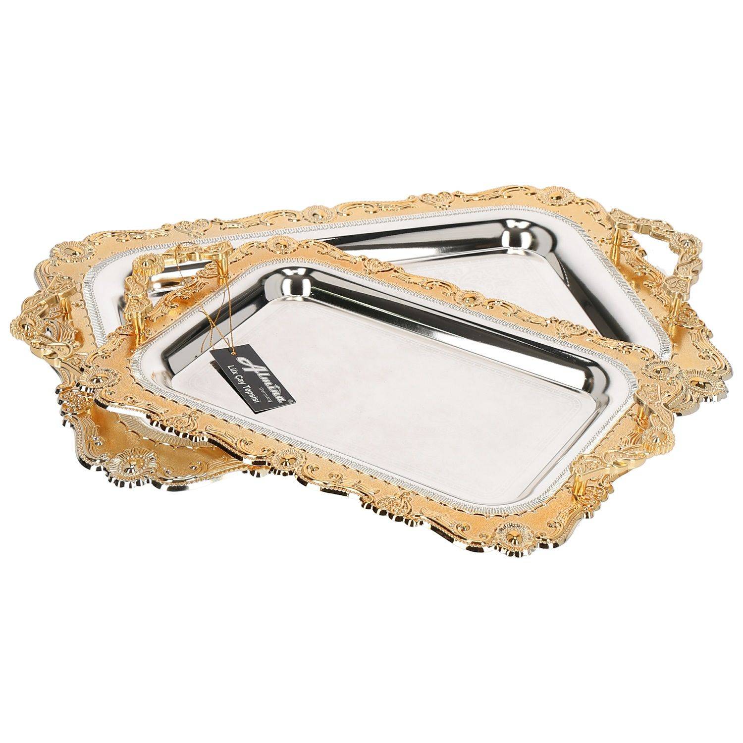 Almina 2-Teilig Silber Metallbrett Servierttablett aus Edelstahl 18/10 Stahl Motiv 6 Gold