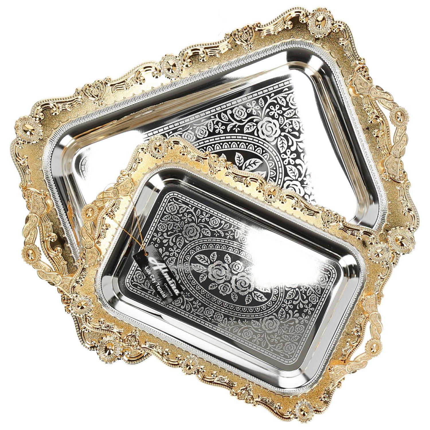 Almina 2-Teilig Silber Metallbrett Servierttablett aus Edelstahl 18/10 Stahl Motiv 6 Gold