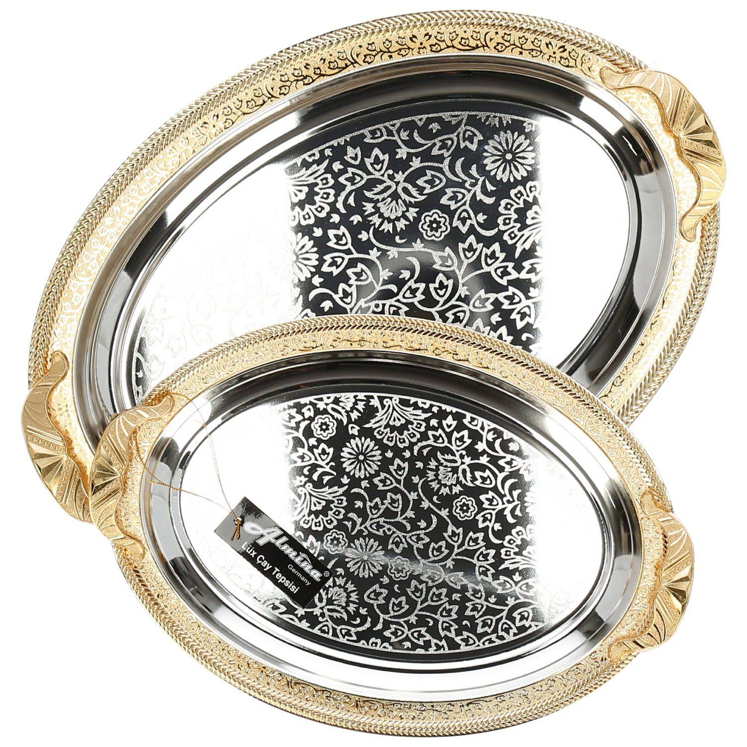 Almina 2-Teilig Silber Metallbrett Servierttablett aus Edelstahl 18/10 Stahl Motiv 7 Gold