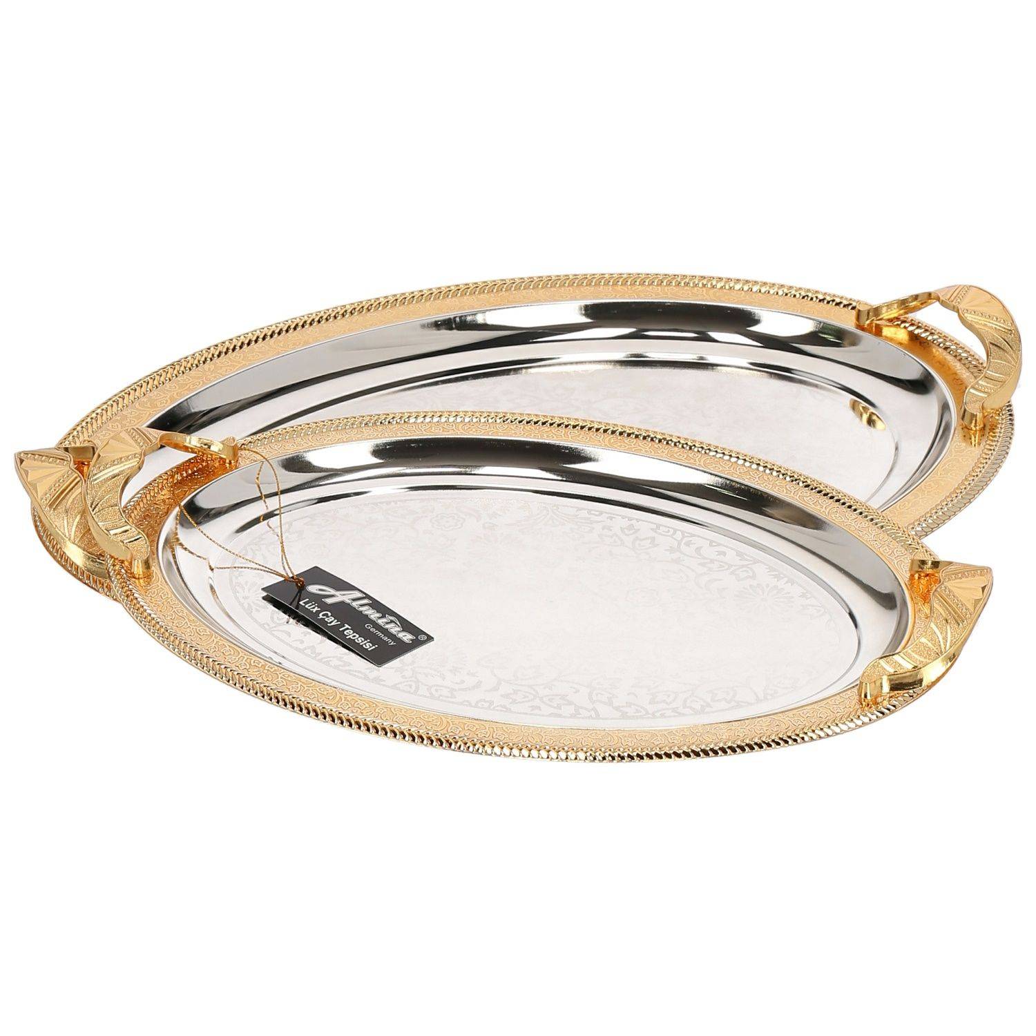 Almina 2-Teilig Silber Metallbrett Servierttablett aus Edelstahl 18/10 Stahl Motiv 7 Gold