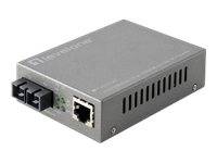 Graue Netzwerk-Medienkonverter-Box mit zwei Glasfaseranschlüssen und einem Ethernet-Port an der Vorderseite.