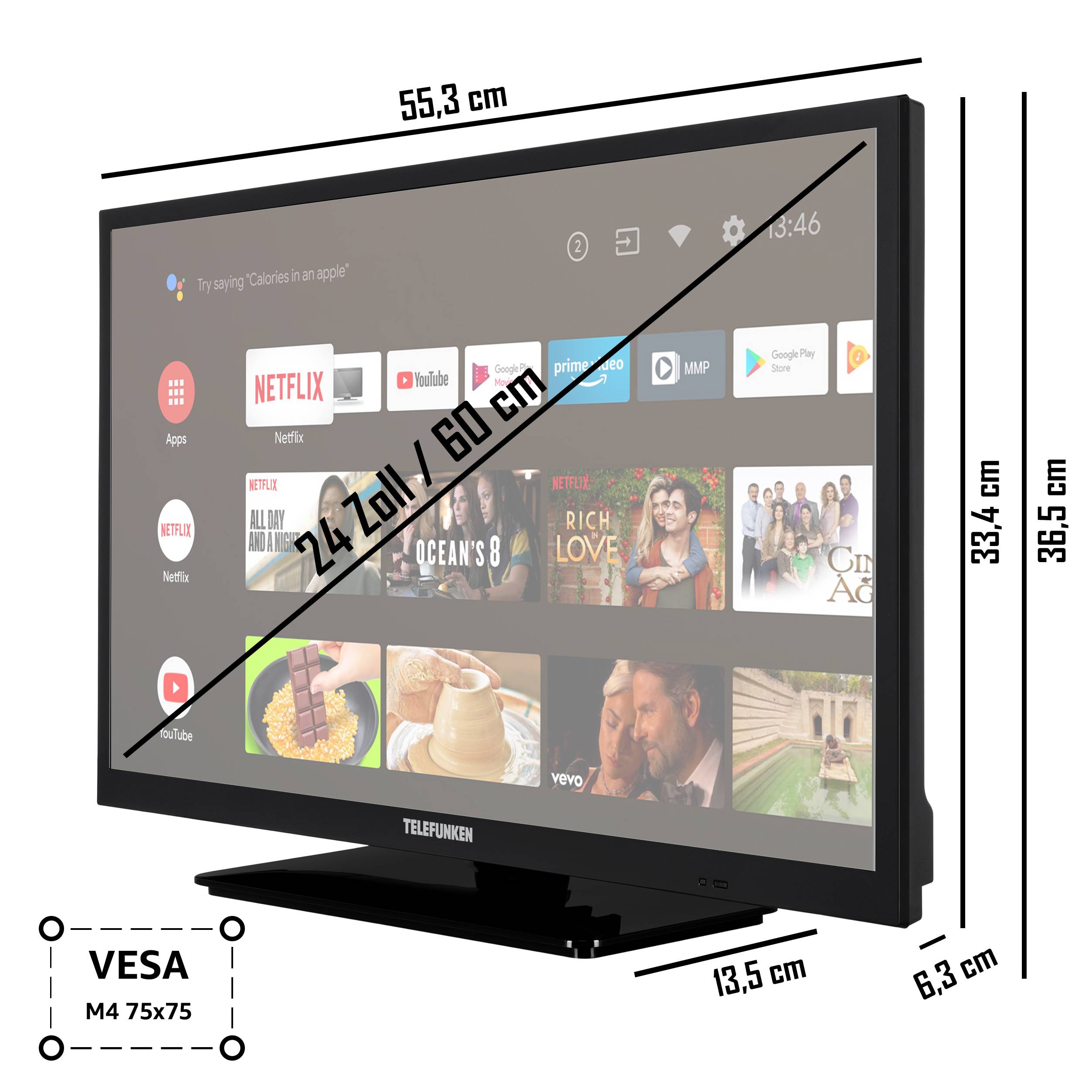 TELEFUNKEN XH24AN550MV 24 Zoll Fernseher/Android Smart TV (HD Ready, HDR, Triple-Tuner, 12 Volt, Bluetooth)