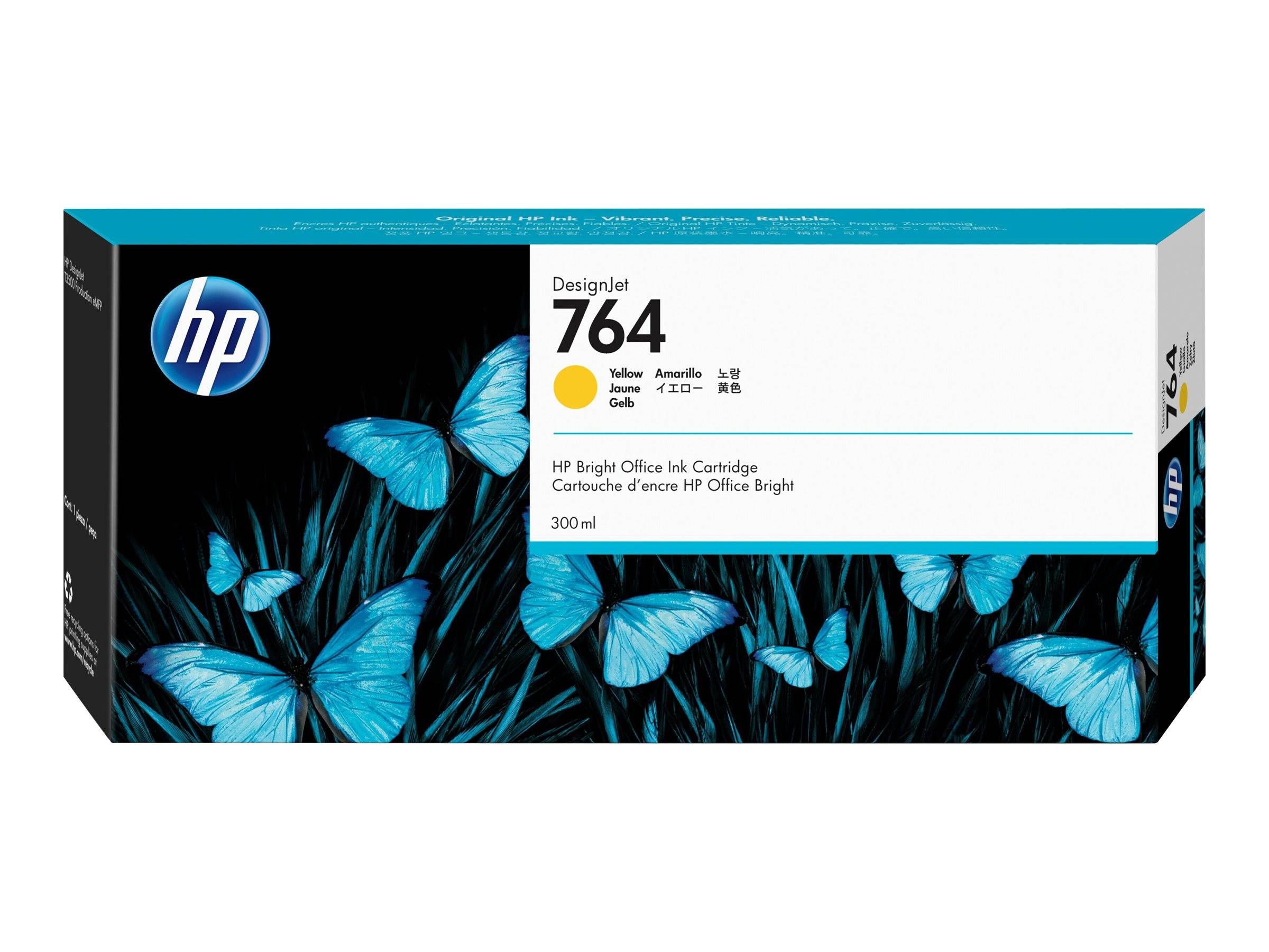 HP DesignJet 764 gelber Tintenpatronenbehälter mit blauem Schmetterlingsdesign und Etikett mit 300-ml-Kapazitätsangabe.