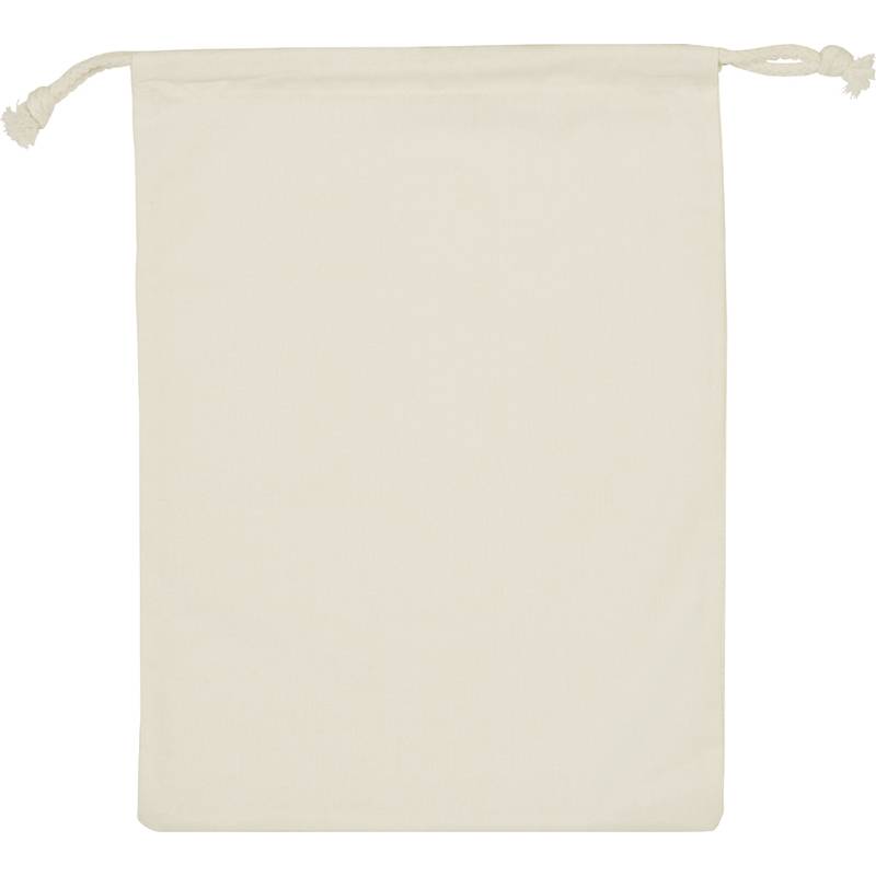 Ein beige Kordelzugbeutel mit schlichtem Design, oben zusammengebunden. Der Beutel ist leer und aus leichtem Stoff gefertigt.