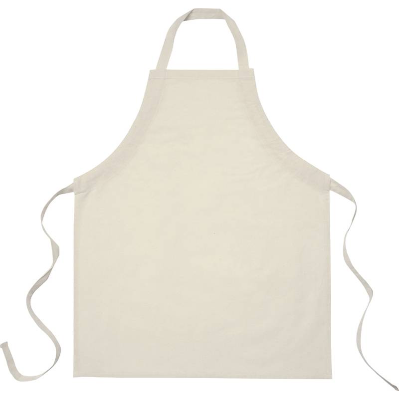 Ein schlichter, cremefarbener Schürze mit Hals- und Taillenband, geeignet zum Kochen oder für Bastelaktivitäten.