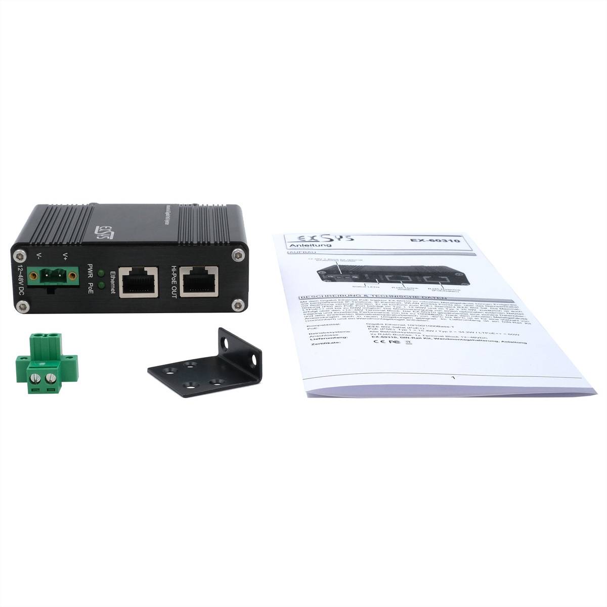 EXSYS PoE++ Gigabit Injektor 60W, -40°C bis +80°C, Gigabit Ethernet, 10,100,1000 Mbit/s, 10/100/1000, IEEE 802.3af, IEEE