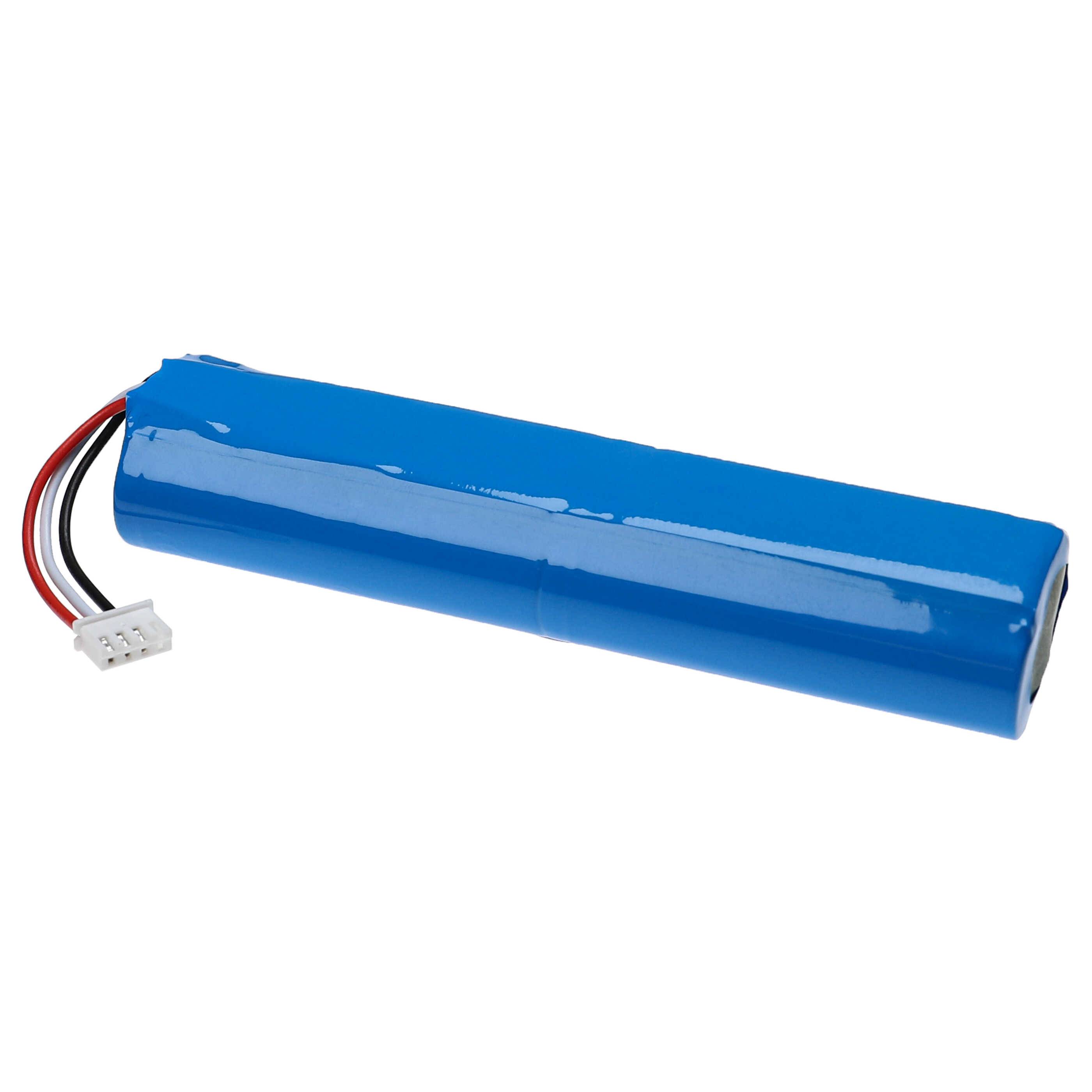 Ein blauer zylindrischer Batteriepack mit roten, schwarzen und weißen Drähten, die mit einem weißen Steckerverbinder verbunden sind.