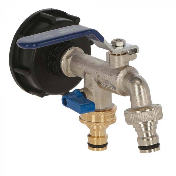 Anschlusshahn für IBC-Container - mit Kunststoffadapter - Anschluss 1/2" - mit zwei Schnellkupplungen, separat absperrbar