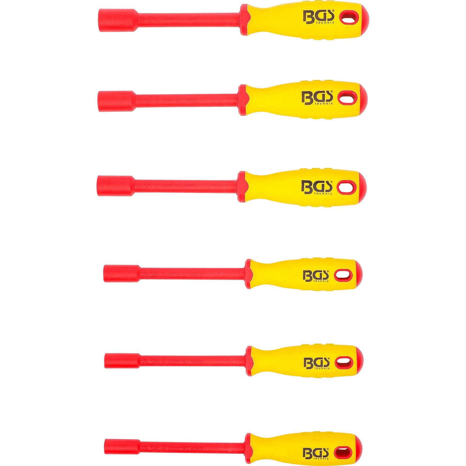 Sechs rot und gelbe isolierte Schraubendreher vertikal angeordnet, mit ergonomischen Griffen und 'BGS' Branding.