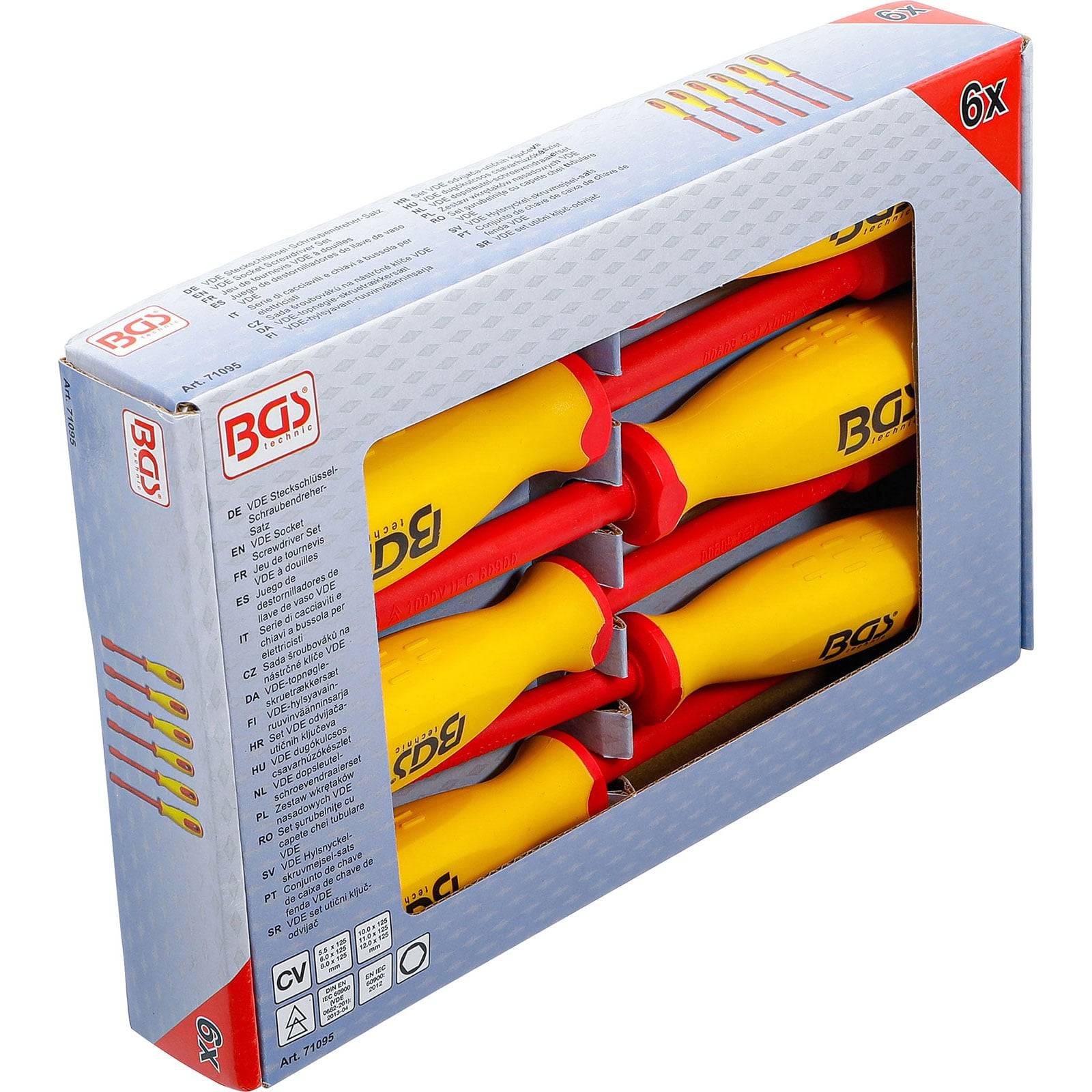 BGS-Schraubendreher-Set von sechs isolierten Schraubenziehern in einer Einzelhandelsverpackung, entwickelt für elektrische Arbeiten, mit roten und gelben Griffen.