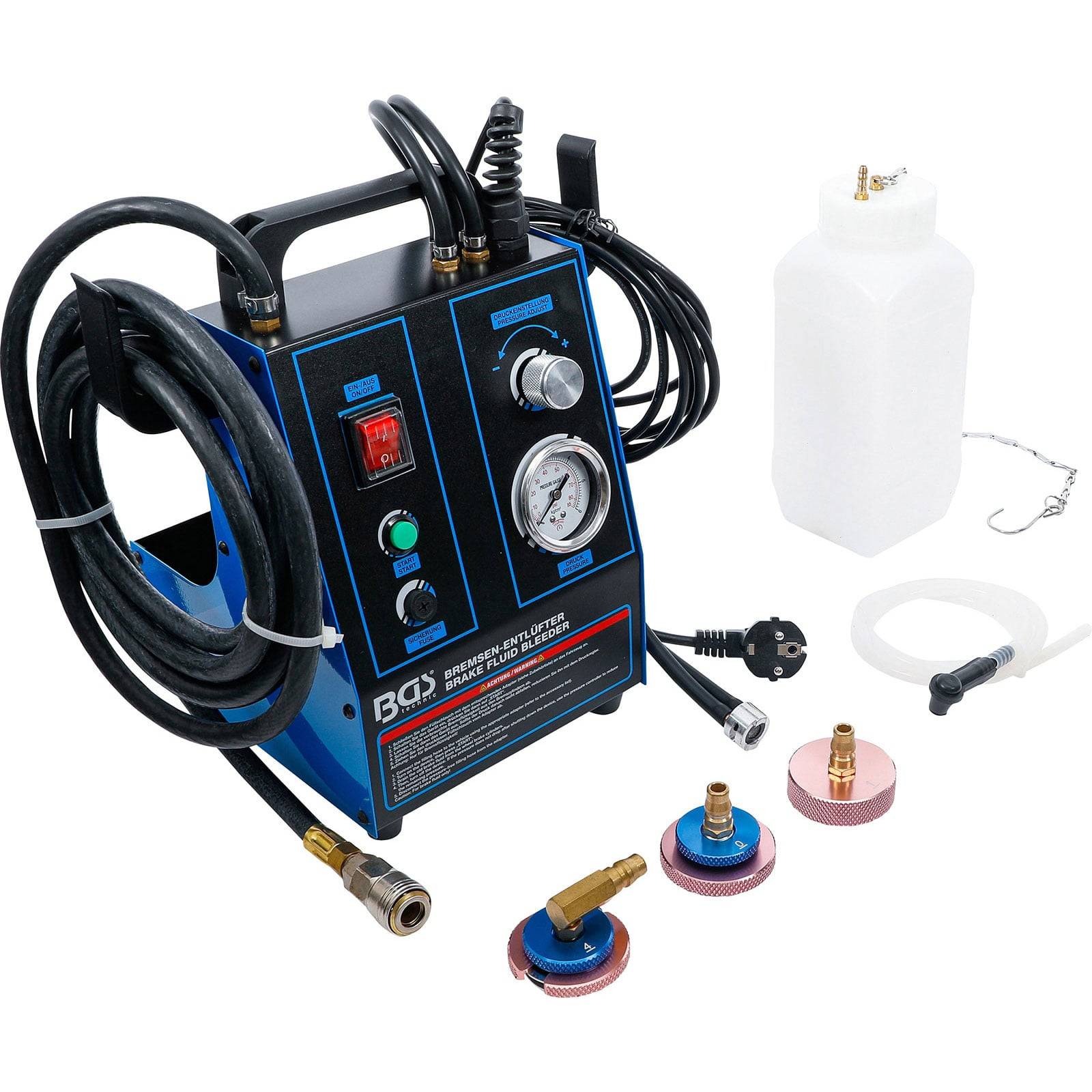 Tragbares Druckprüfgerät-Set mit Schläuchen, Manometer und Druckkappen. Enthält eine Flasche zur Flüssigkeitsspeicherung und verschiedene Adapter.