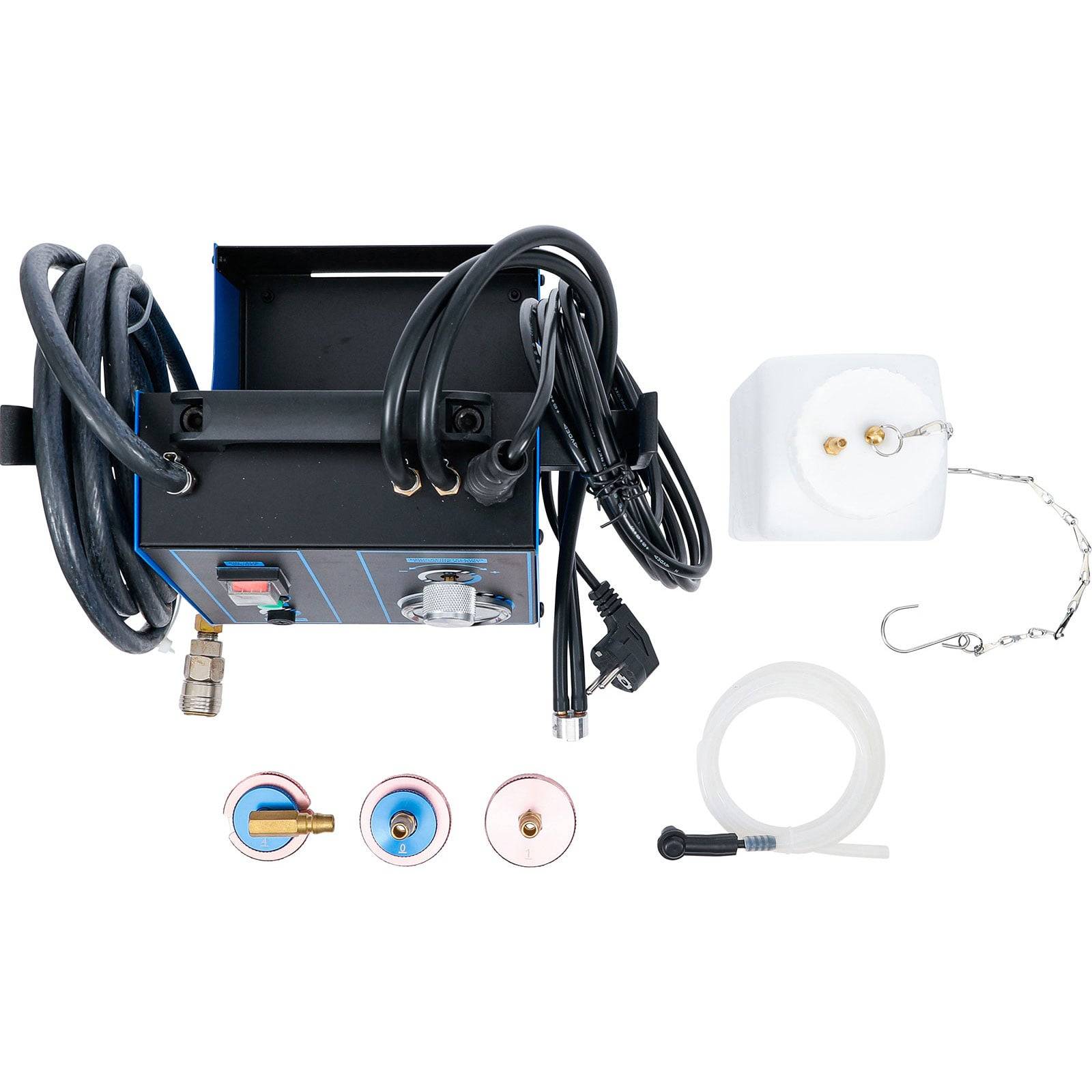 Ein kompaktes Airbrush-Kompressor-Set mit Kabeln, Luftschlauch, Adaptern und Zubehör, die um eine schwarze Kompressoreinheit angeordnet sind.