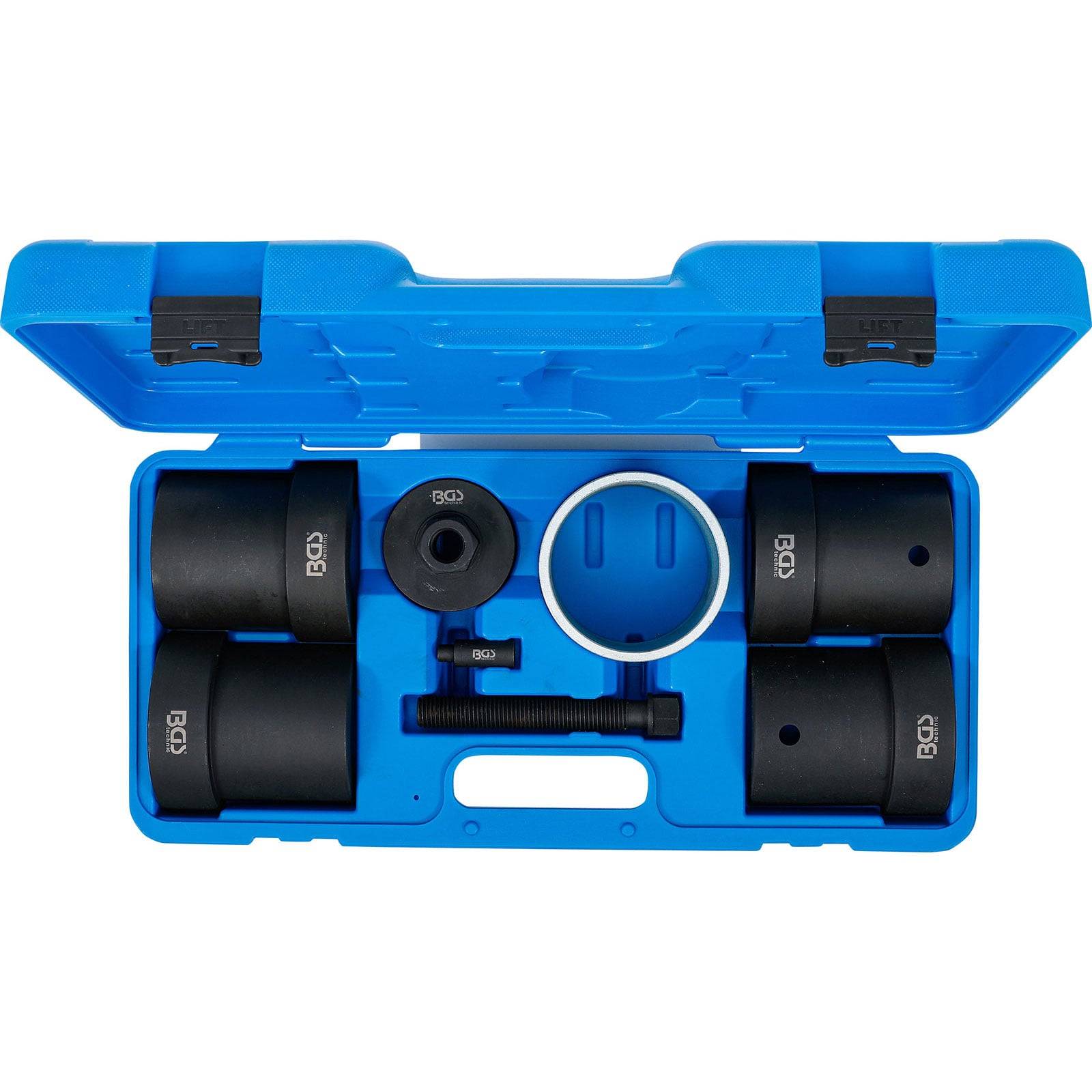 Eine blaue Plastikbox mit schwarz-zylindrischen Komponenten, die ordentlich angeordnet sind. Die Komponenten scheinen spezielle Automotive-Werkzeuge für eine bestimmte Aufgabe zu sein.
