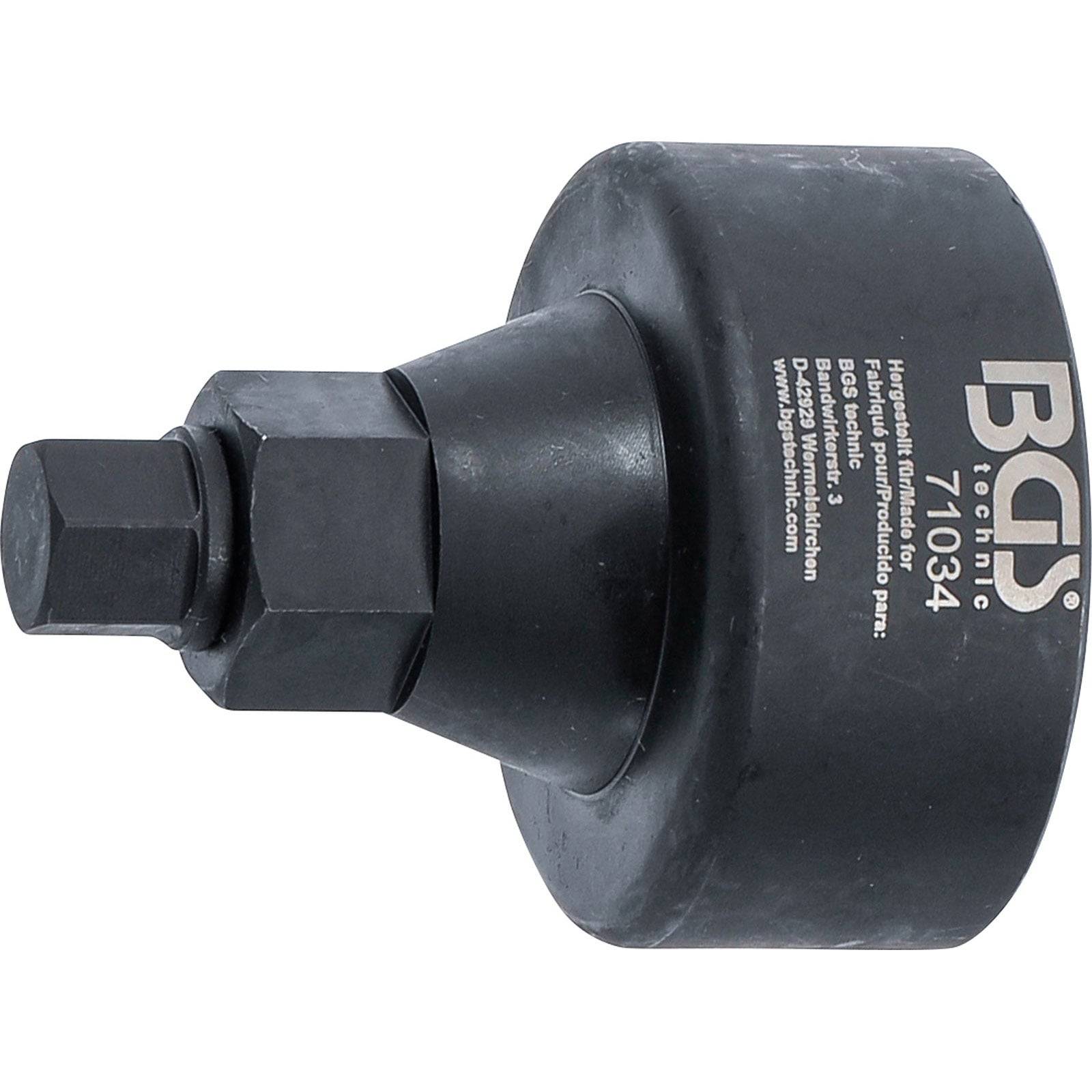 Metallische hydraulische Abziehvorrichtung für Fahrzeugwartung mit Aufschrift 'BGS technic 11034' und Spezifikationen in Weiß auf schwarzer Oberfläche.