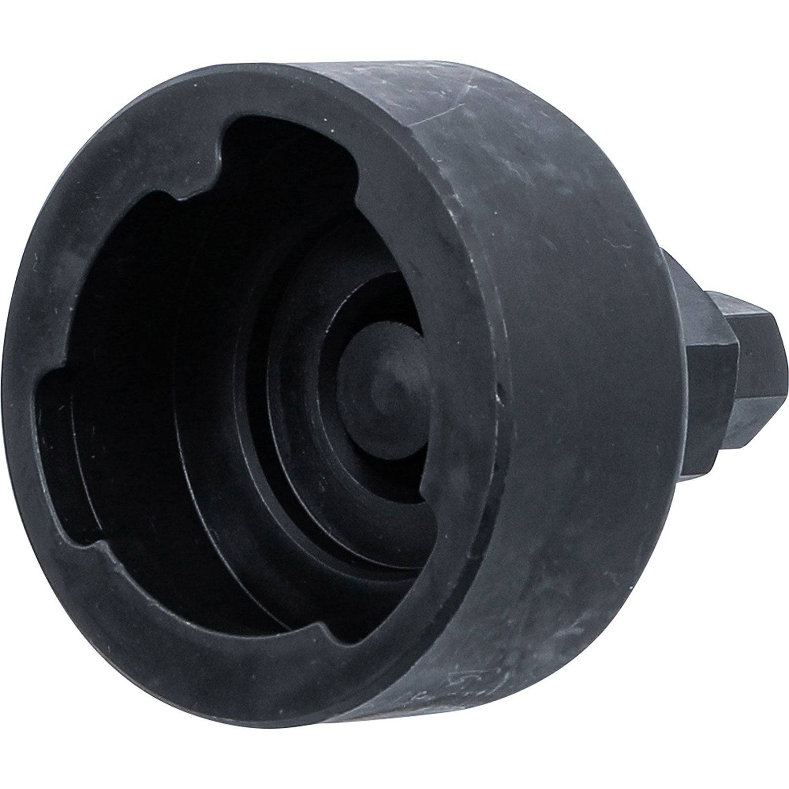 Schwarze zylindrische Ölfilterentfernungszange mit sechskantigem Antrieb oben, ausgestattet mit einer vertieften Kavität zum Greifen des Filters.