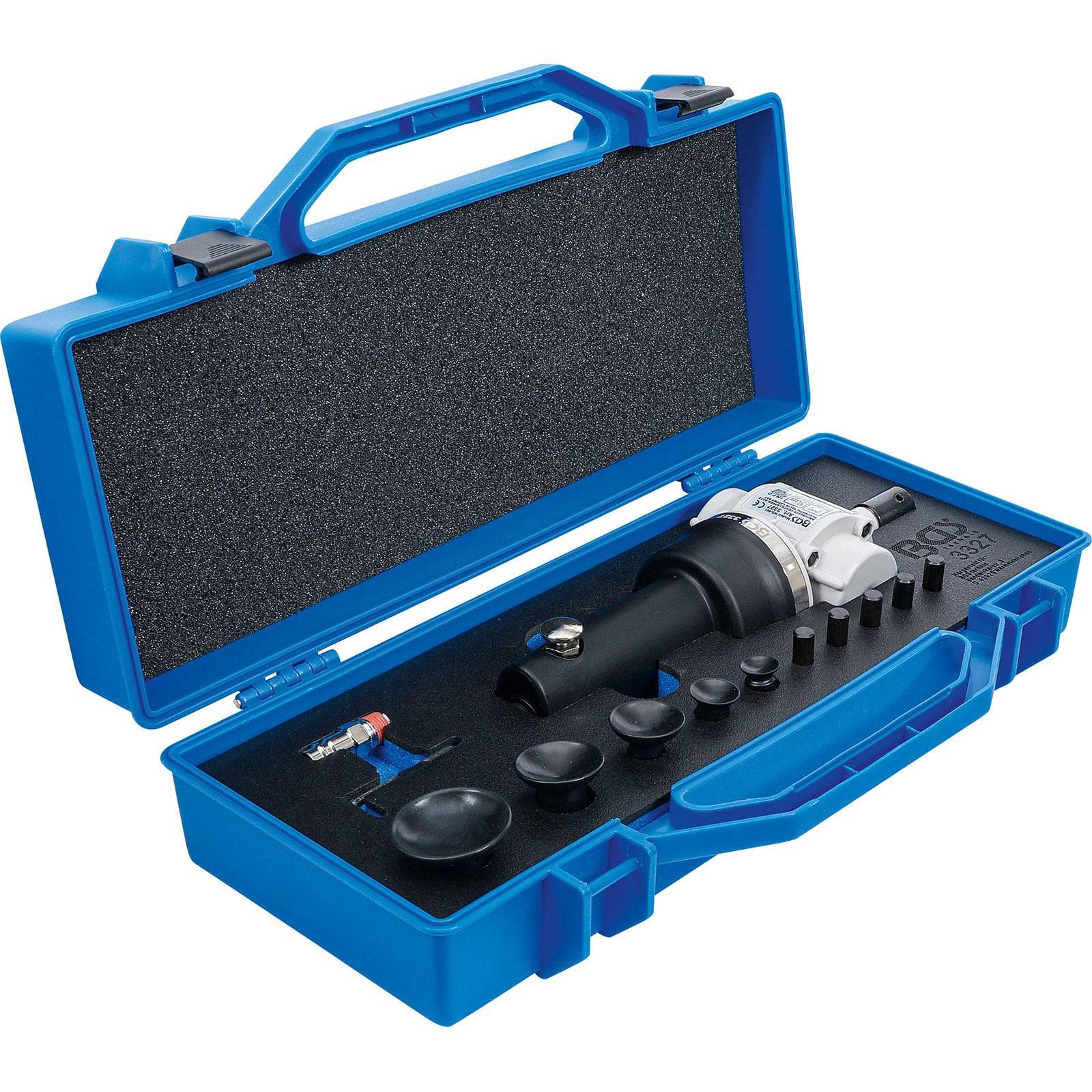 Ein blauer Werkzeugkoffer, der einen Rohr- und Schlauchabschneider mit mehreren kreisförmigen Aufsätzen, Schaumstoffpolsterung und einem sicheren Verschluss enthält.