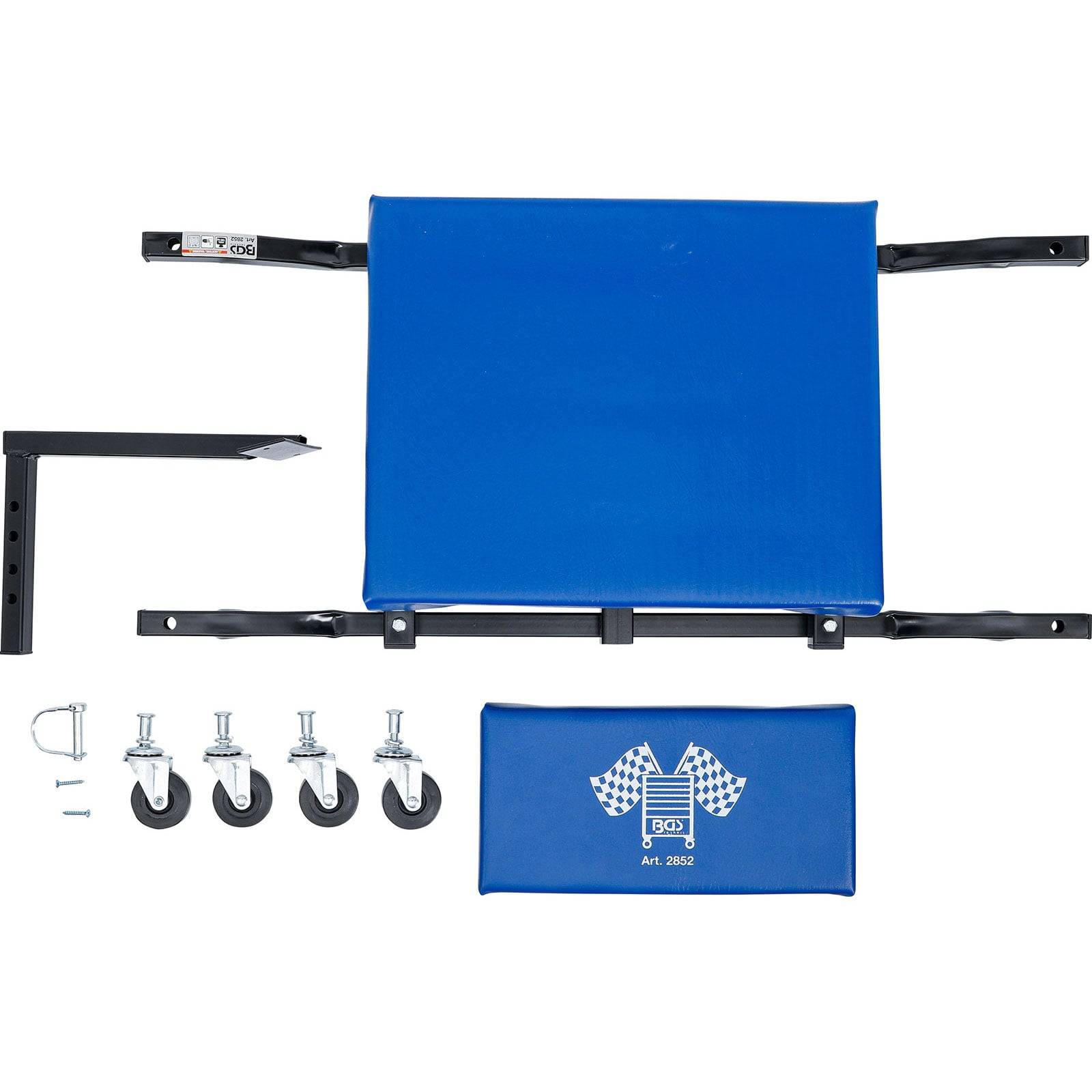 BGG Art. 2652' Kniestuhl, blauer Sitz mit Zielflaggen. Enthält Rahmen, 4 Räder, eine Halterung und einen Metallhaken.