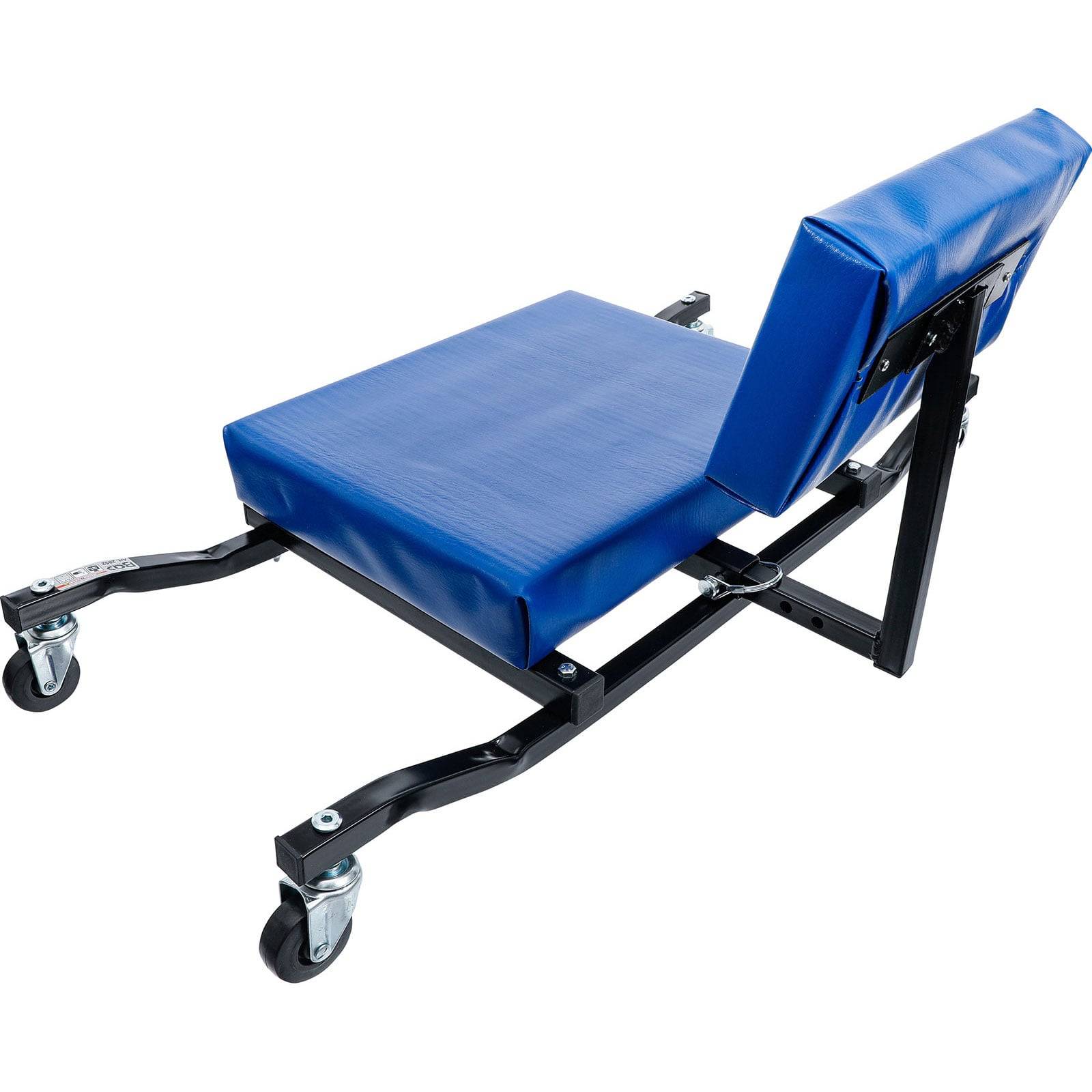 Ein blauer, gepolsterter Mechaniker-Rollbock mit Rädern für Mobilität, der es einer Person ermöglicht, bequem unter Fahrzeugen zu arbeiten.