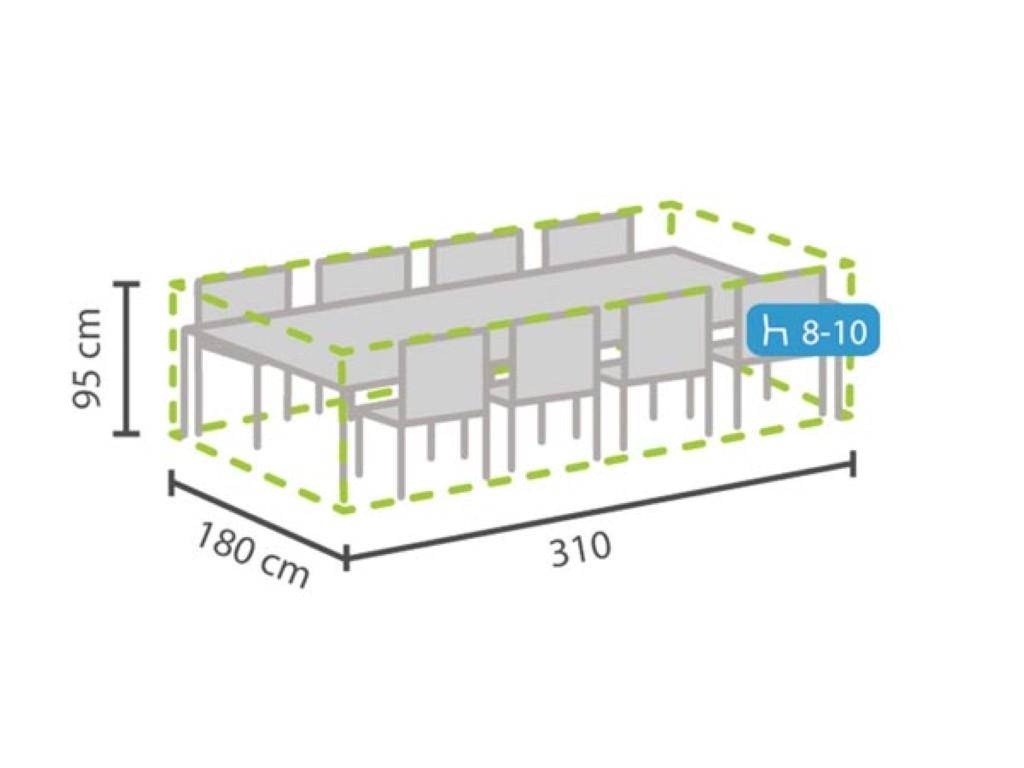 Darstellung eines Esstisches mit Abmessungen von 180 cm x 310 cm, Sitzplätze für 8-10 Personen, gekennzeichnet durch eine grüne gestrichelte Umrisslinie.