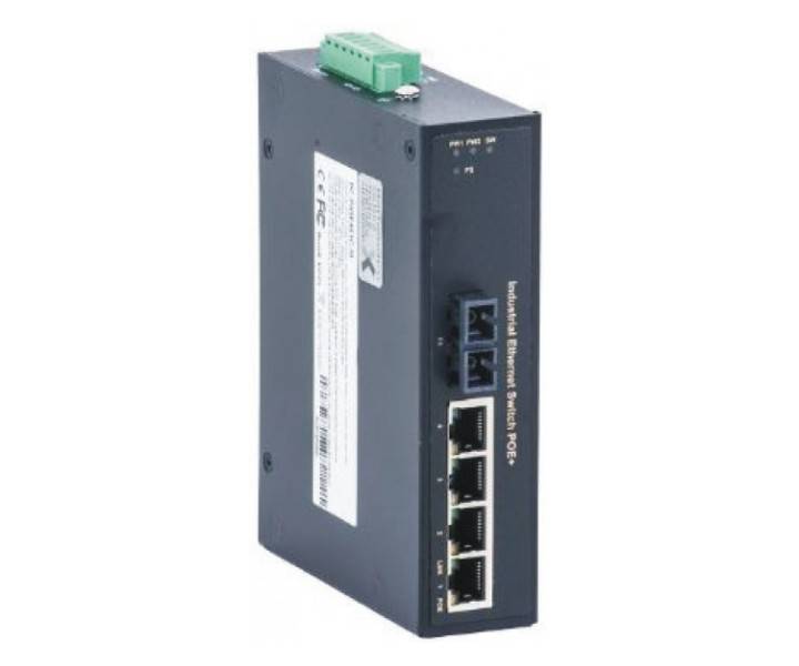 Industrieller Ethernet-Switch mit fünf RJ45-Anschlüssen und einer grünen Schraubklemme, gezeigt in einem kompakten schwarzen Metallgehäuse.