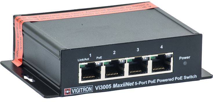 VIGITRON VI3005 MaxiNet 5-Port PoE-betriebener Netzwerk-Switch mit vier nummerierten Ethernet-Anschlüssen, Link/Act- und Stromanzeigen.