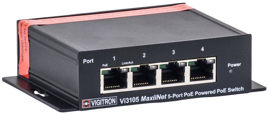Frontansicht eines schwarzen Vigitron Vi3105 MaxiiNet 5-Port PoE-betriebenen PoE-Schalters mit vier mit 1-4 beschrifteten Ethernet-Anschlüssen und einer Stromanzeige.