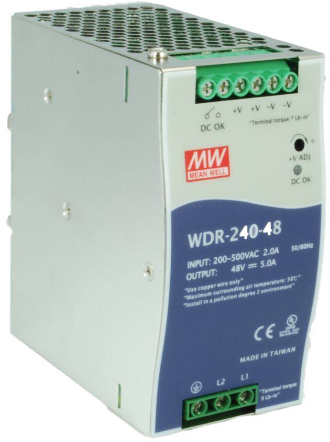 Industrielles Mean Well WDR-240-48 AC-Gleichstrom-Stromversorgungsmodul mit beschrifteten Anschlussklemmen und Einstellknopf an der Vorderseite.