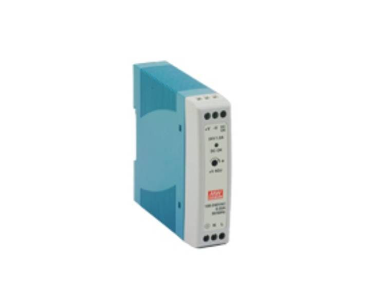 Blaues Industrie-Elektronikmodul mit weißer Frontplatte, Statusleuchten und Anschlussöffnungen, freigestellt auf weißem Hintergrund.