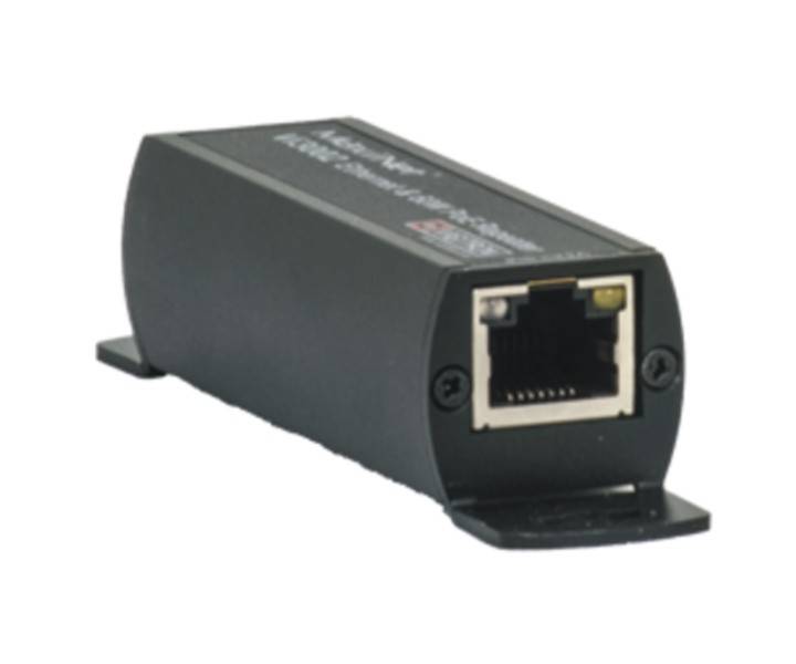 Schwarzer Ethernet-Netzwerkadapter mit RJ45-Anschluss, in einer Seitenansicht auf weißem Hintergrund dargestellt.