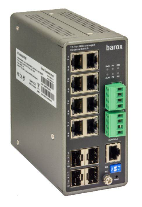 Barox 12-Port verwalteter industrieller Ethernet-Switch mit mehreren RJ45-Anschlüssen, grünen Schraubklemmen, Status-LEDs und einem Konsolenport.