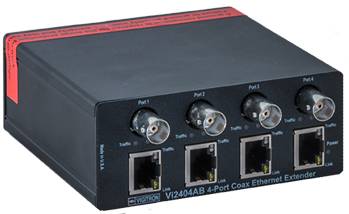 Schwarze Koaxial-Ethernet-Extender-Box mit vier BNC-Anschlüssen und vier Ethernet-Anschlüssen auf der Frontplatte.