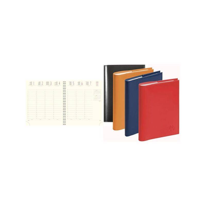 Öffnen Sie Notizbücher und vier geschlossene Ledertagesbücher in Schwarz, Braun, Blau und Rot, die Organisation und Farbvielfalt symbolisieren.