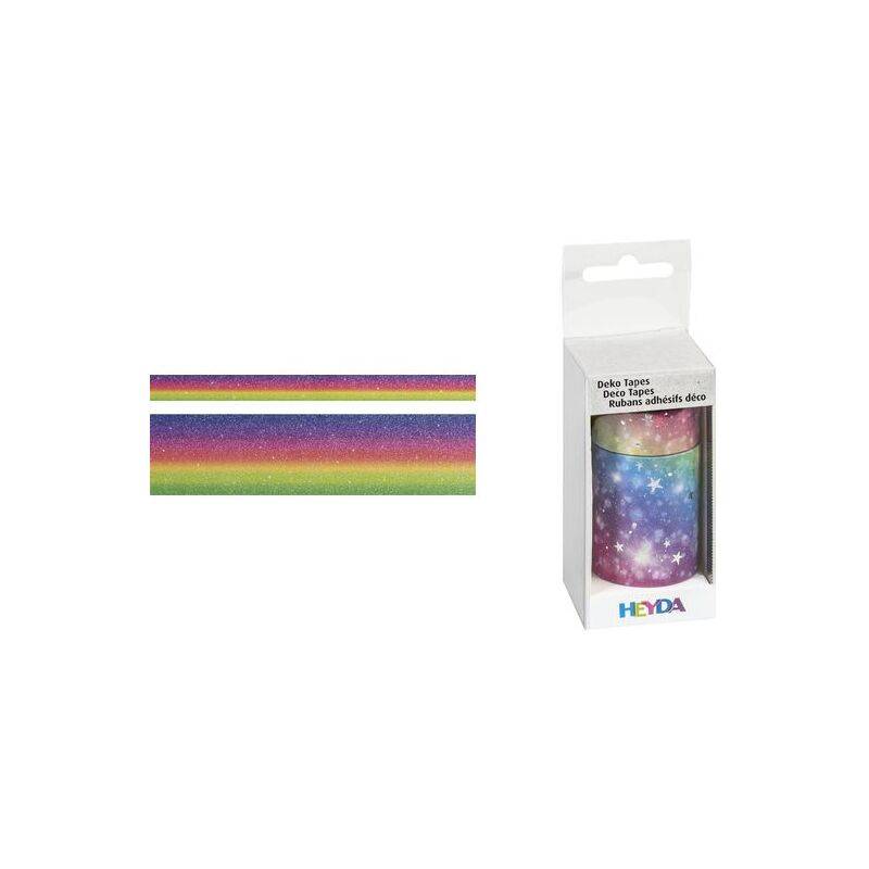 Buntes, regenbogenfarbenes Glitzer-Dekorationstape in einer Box, das mehrfarbige Farbverläufe mit einem Sternemuster auf der Verpackung zeigt.