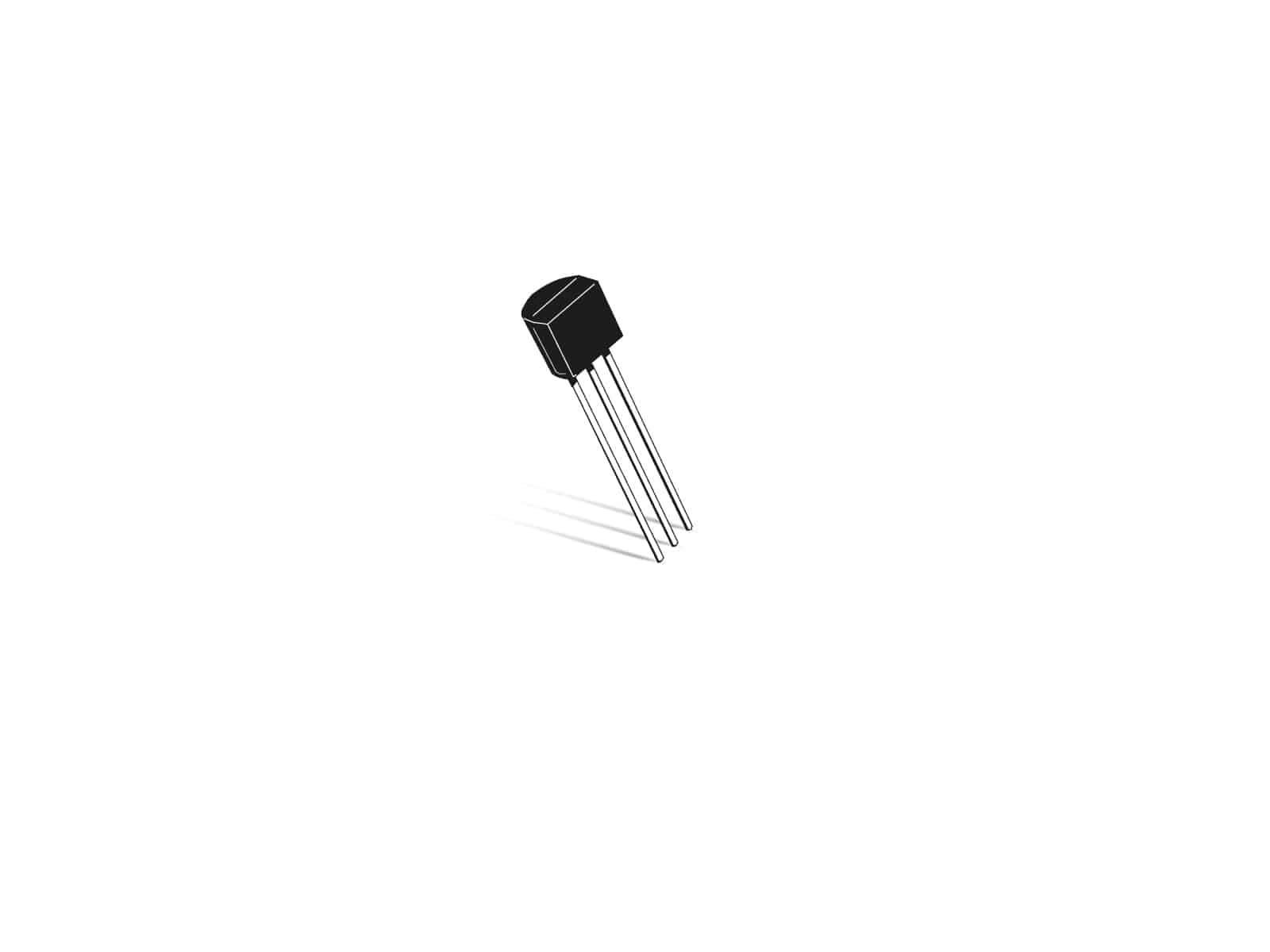 Ein kleiner schwarzer elektronischer Transistor mit drei Metallfüßen.