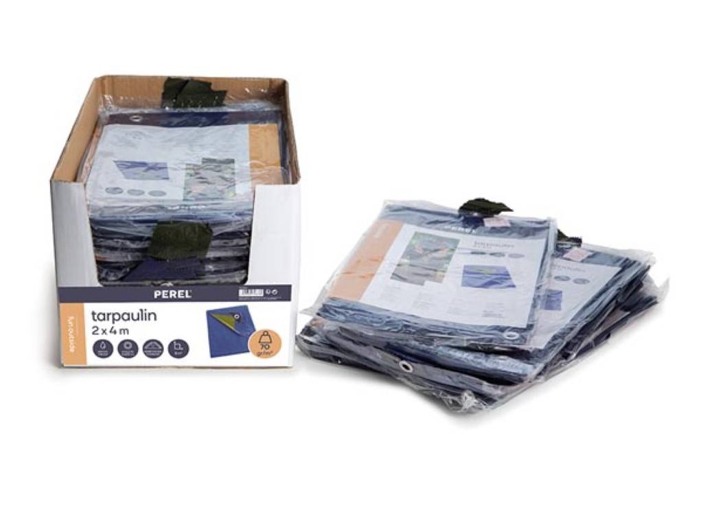 Perel Abdeckplane, 12 Ösen, verstärkte Ecken, rechteckig, Blau/Grün, 70 g/m², 2 x 4 m