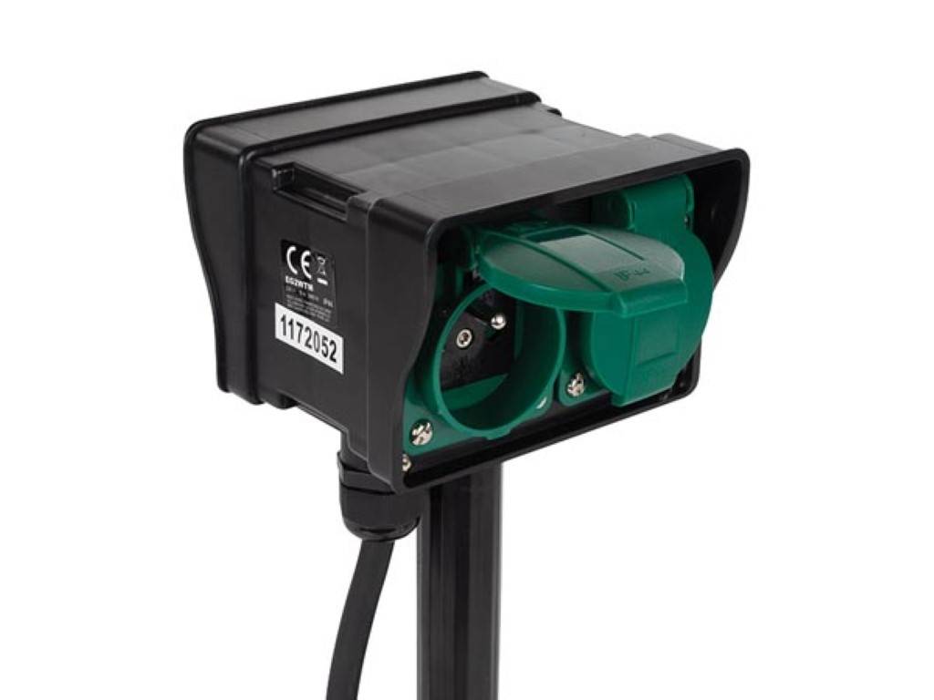 Perel Gartensteckdose, Erdspieß, Timer, 2 Steckdosen Typ E, 2 Klappdeckel, Kabel 1.5m, Schwarz/Grün