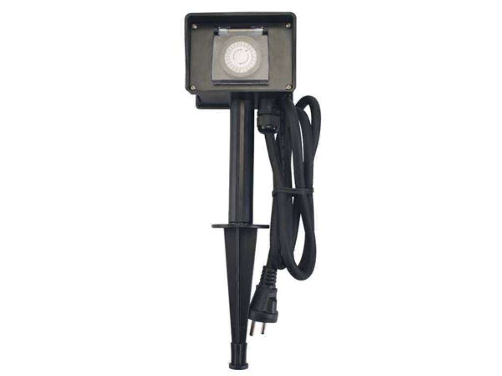 Perel Gartensteckdose, Erdspieß, Timer, 2 Steckdosen Typ E, 2 Klappdeckel, Kabel 1.5m, Schwarz/Grün